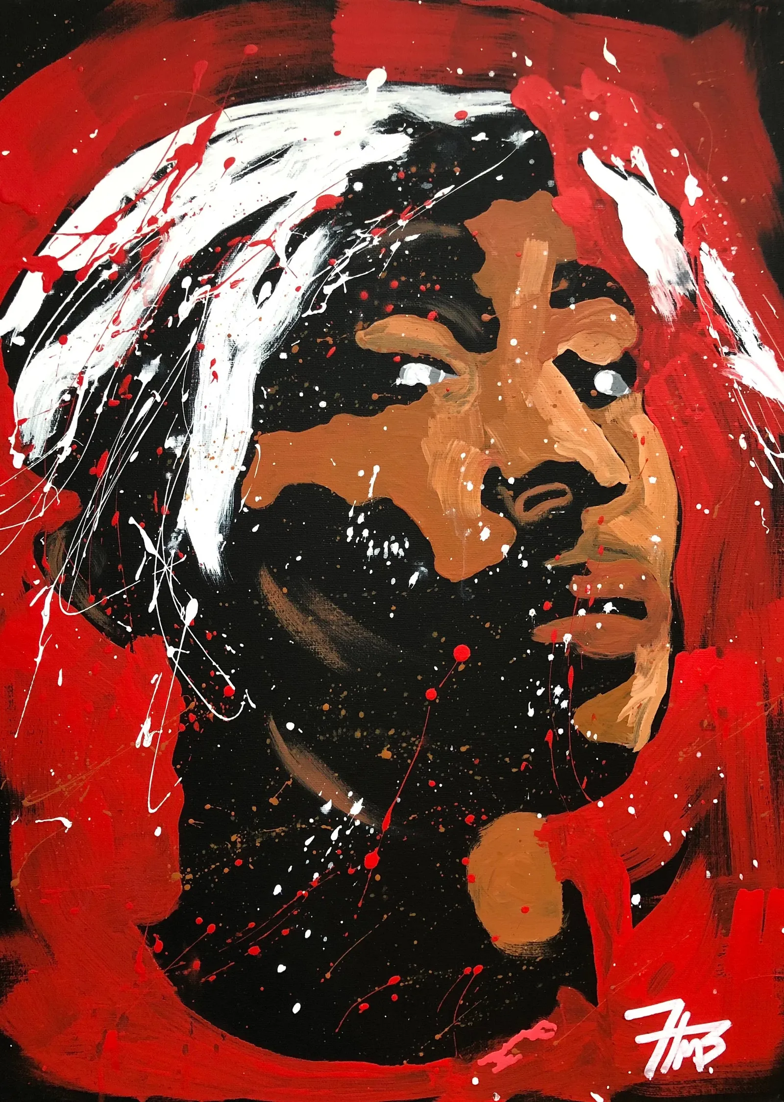 Kırmızı ve Beyaz Çizgili Tupac Shakur Portresi metal tablo