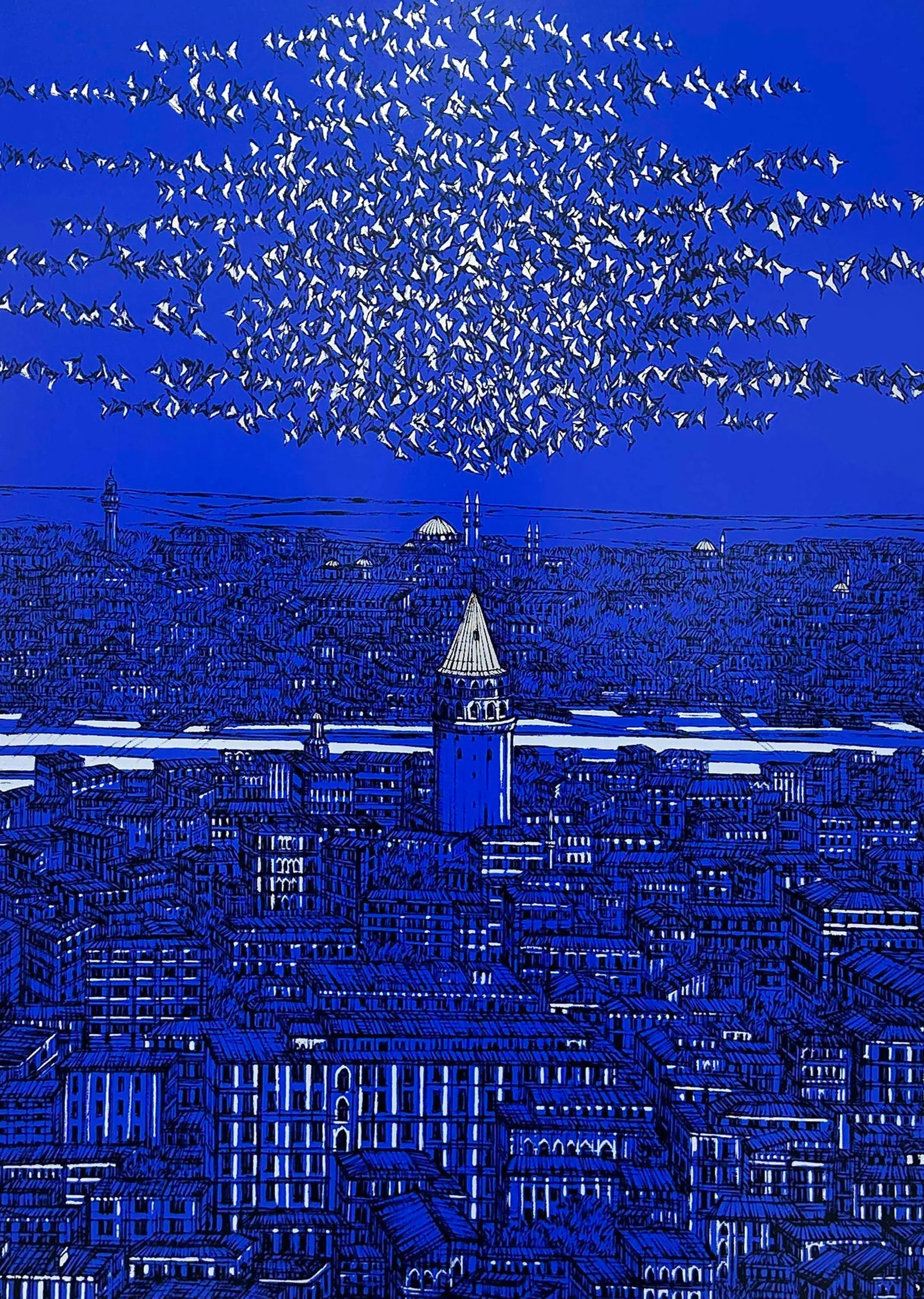 Galata Kulesi Uçuşan Kuşlar Sanat Baskısı metal tablo