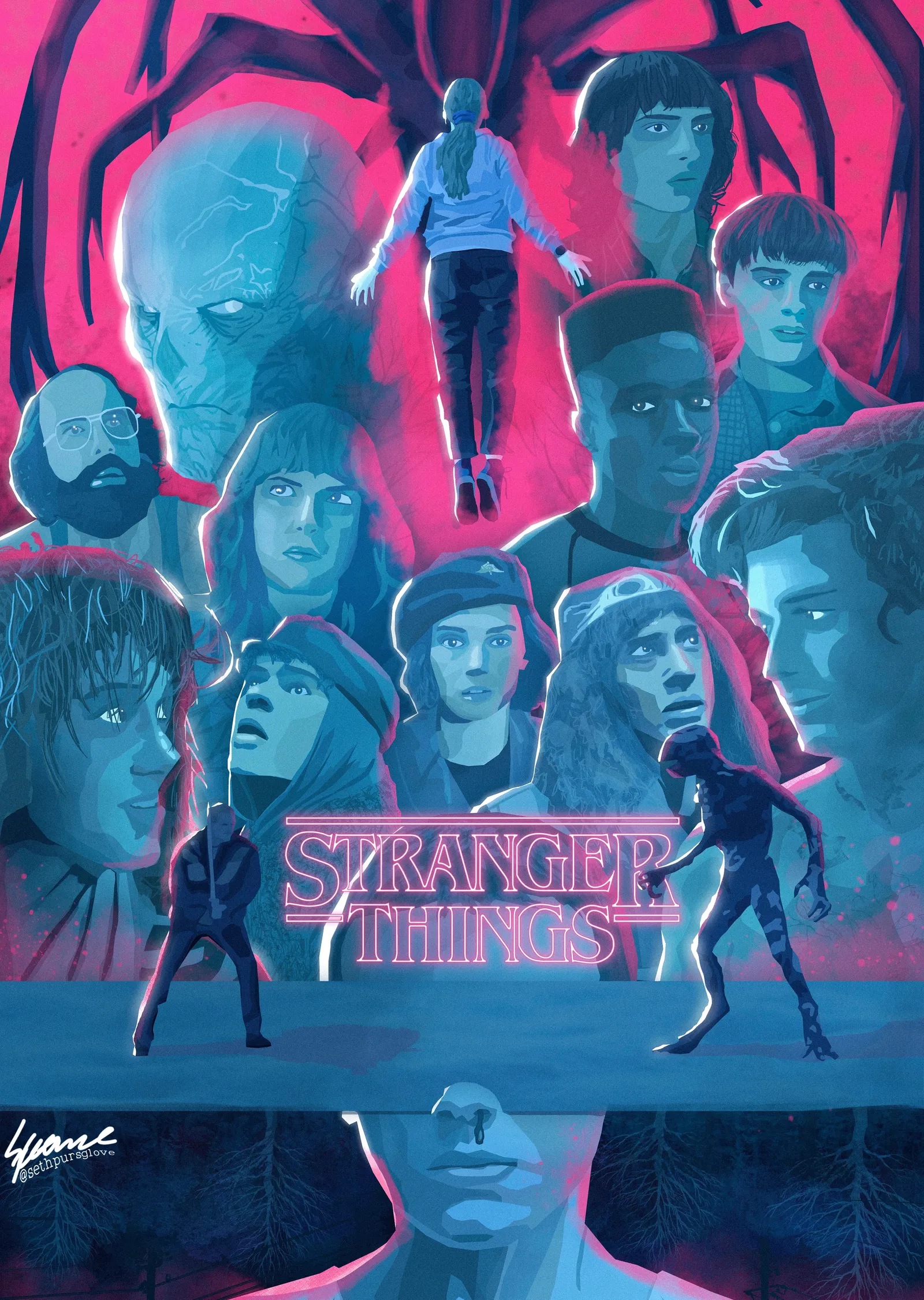 Stranger Things - Neon Mavi ve Kırmızı Figürler metal tablo