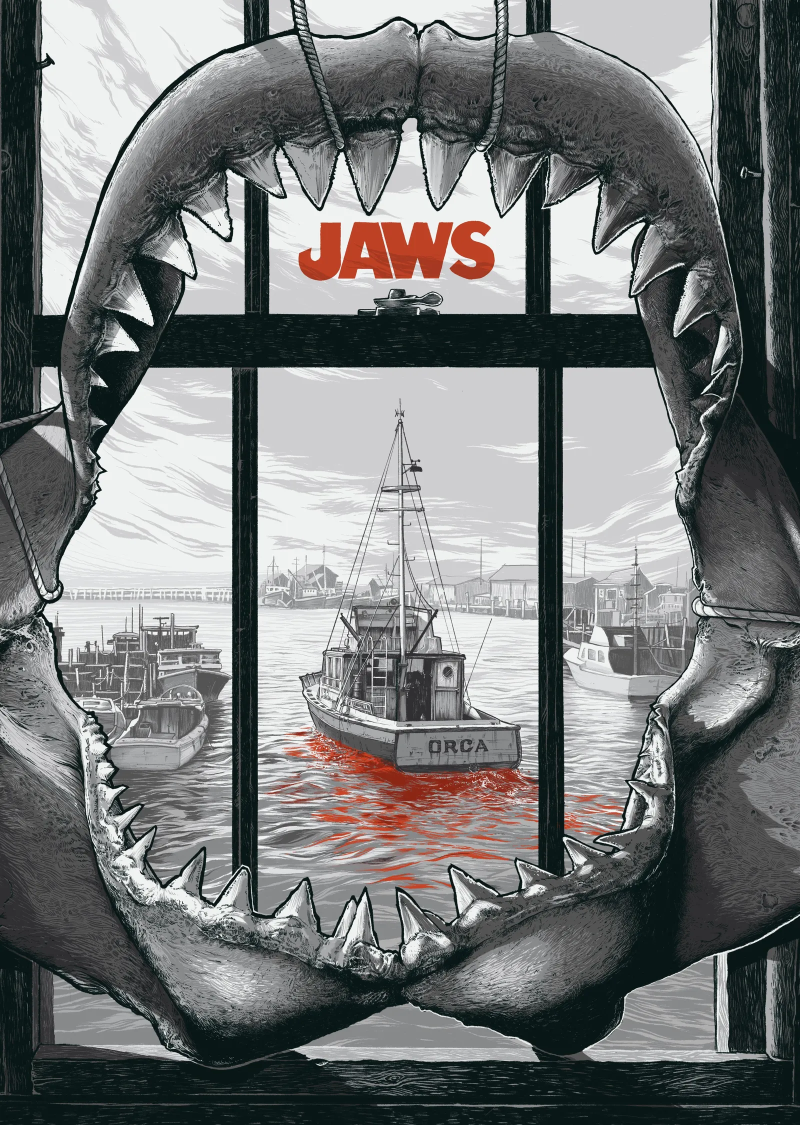 Jaws Film Posteri - Çatallı Dişler ve Kanlı Deniz metal tablo