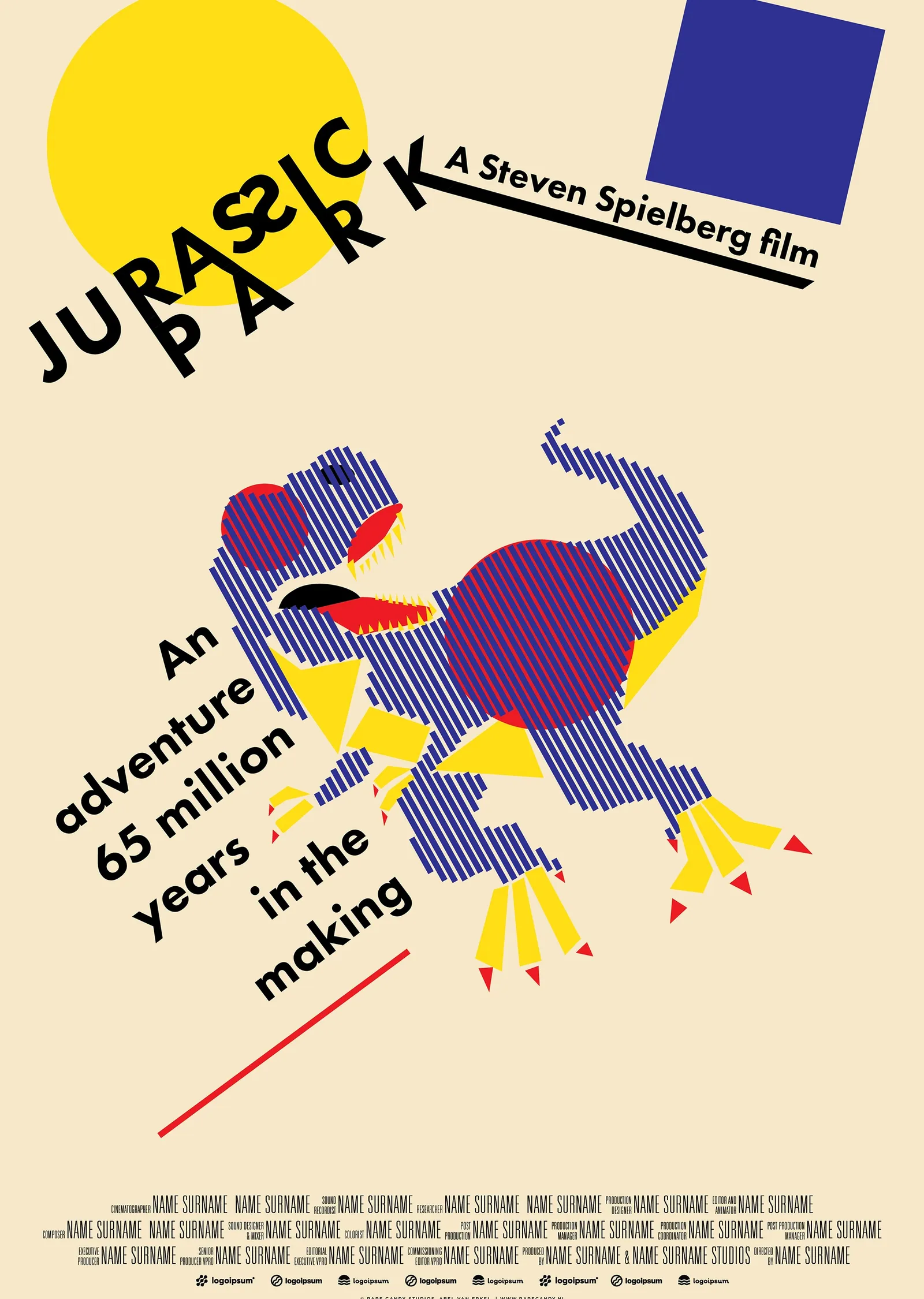 Jurassic Park - Sarı Güneş ve Mavi Kare Logolu Desenli T-Rex metal tablo