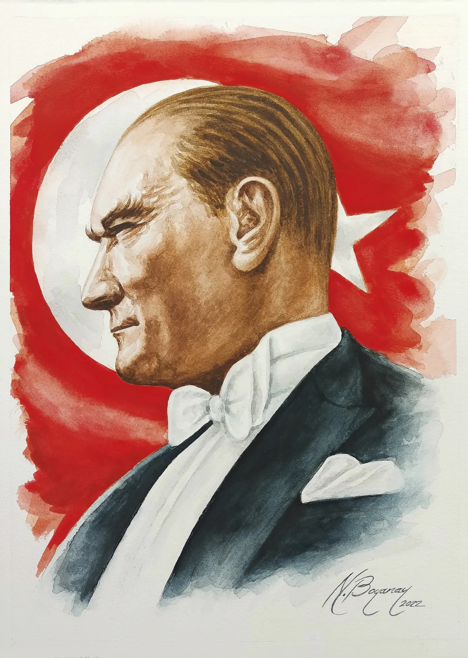 Kırmızı Beyaz Bayraklı Atatürk Portresi metal tablo