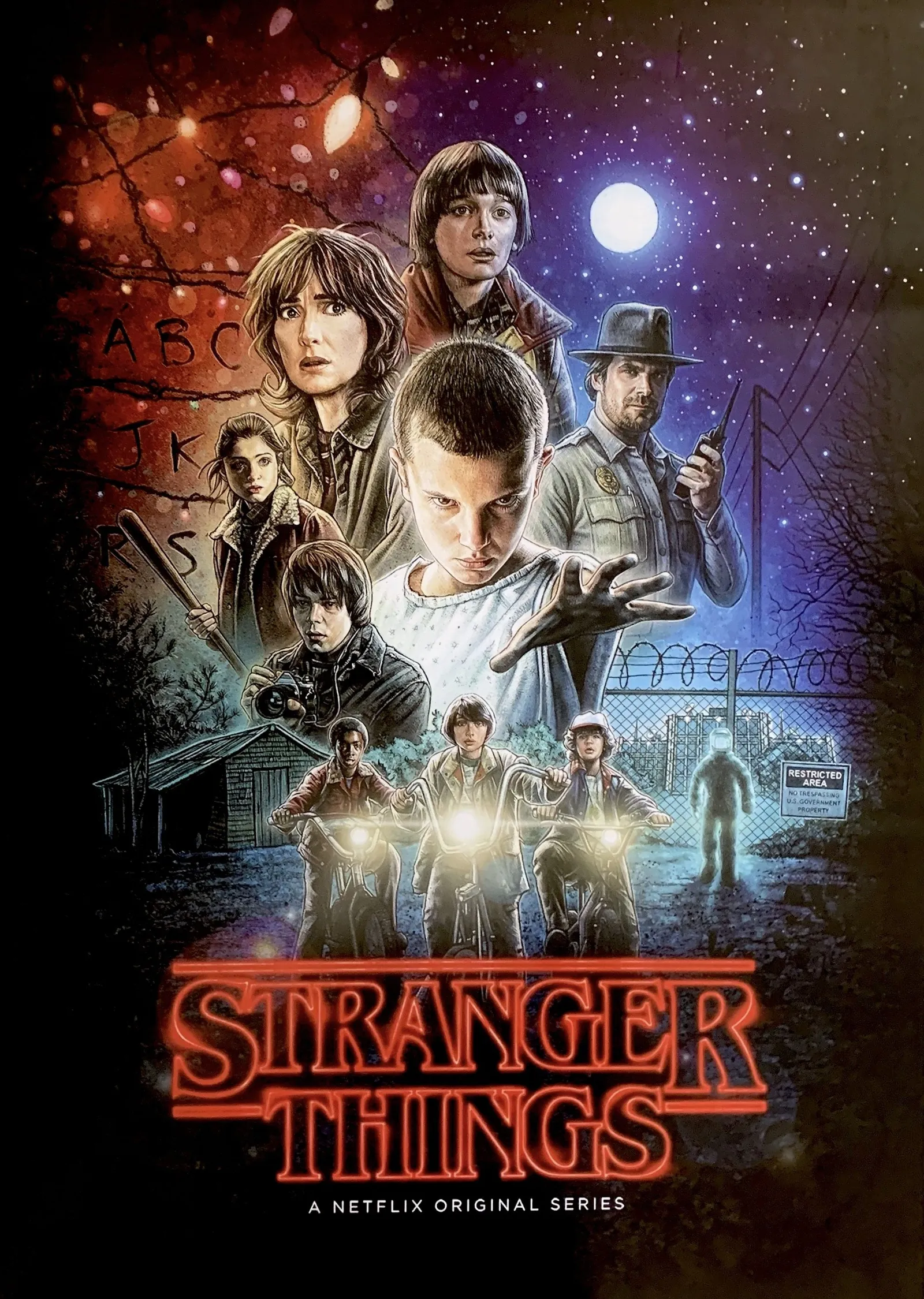 Stranger Things - Neon Kırmızı Logo ve Karakterler metal tablo