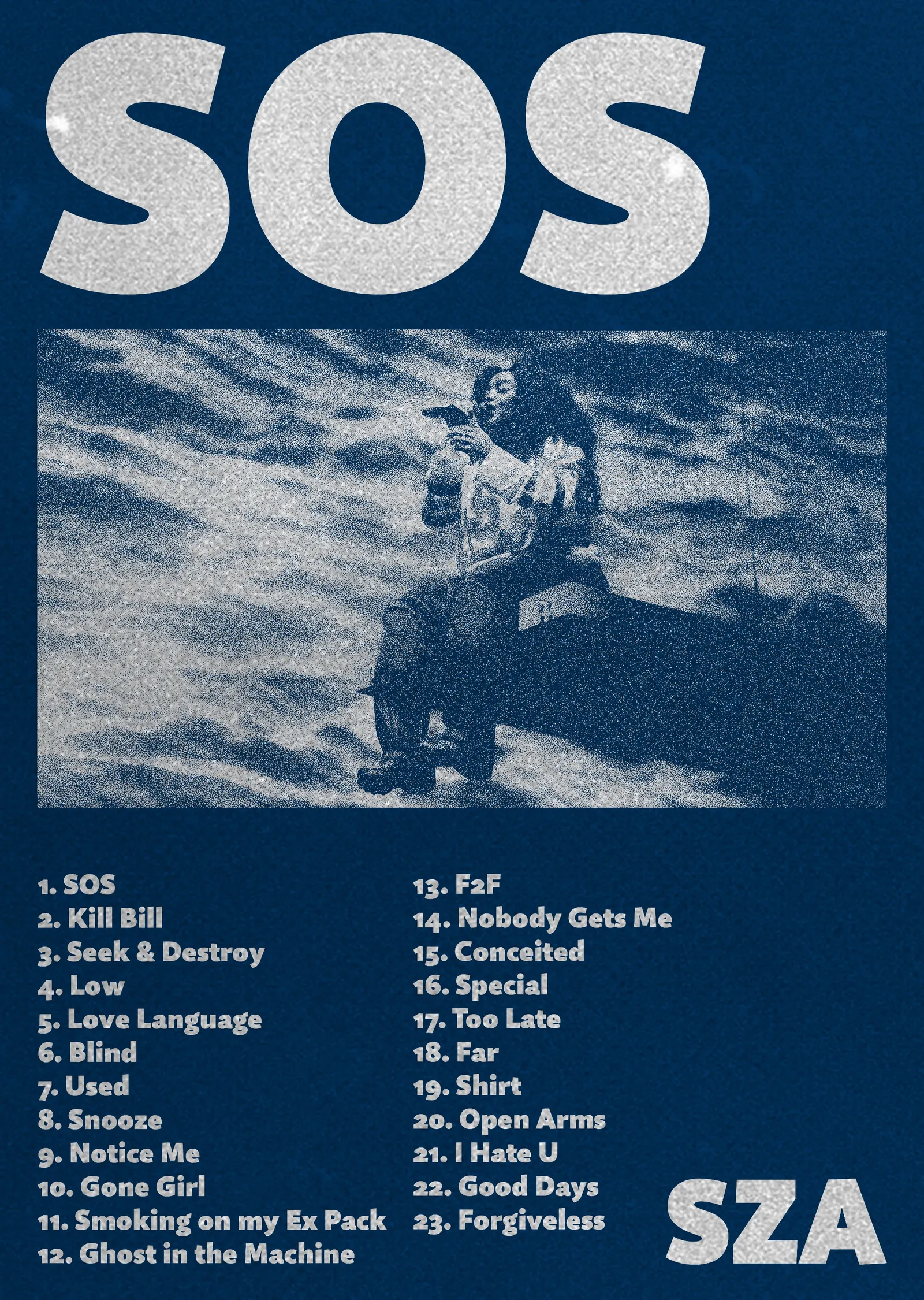 SZA - SOS Albüm Posterı - Mavi Dokulu Fon metal tablo