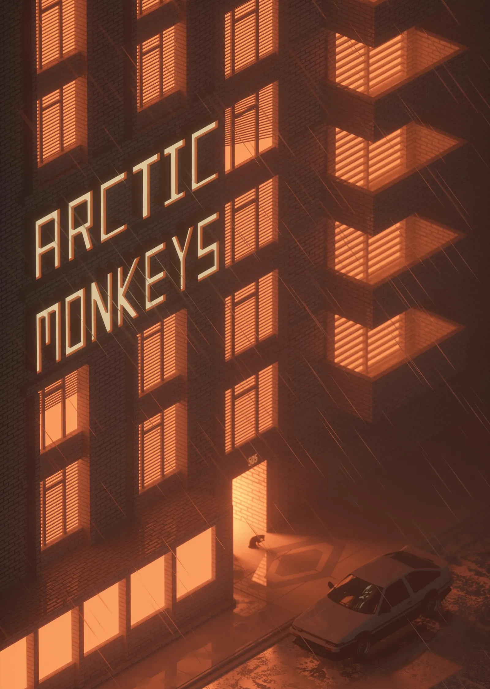 Arctic Monkeys - Turuncu Işıklarla Yüksek Bina metal tablo