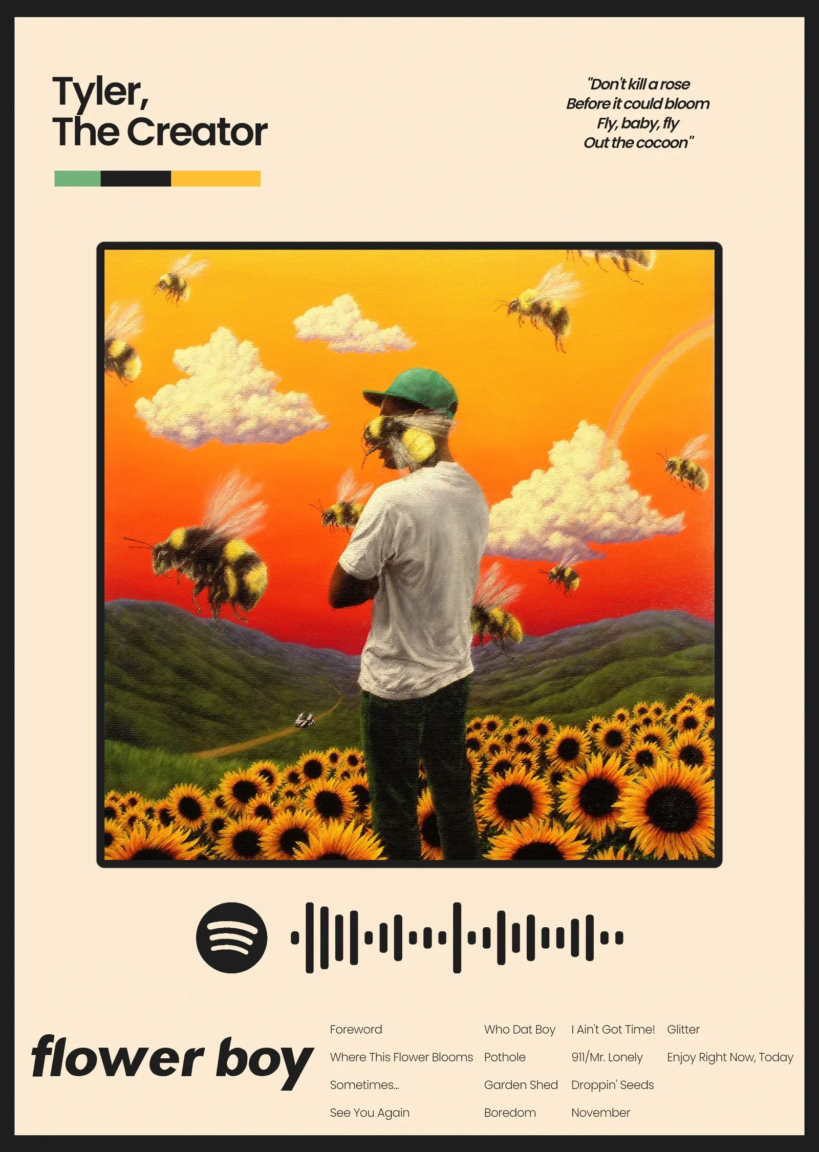 Tyler, The Creator - Flower Boy, Ayçiçekleri ve Arılar metal tablo