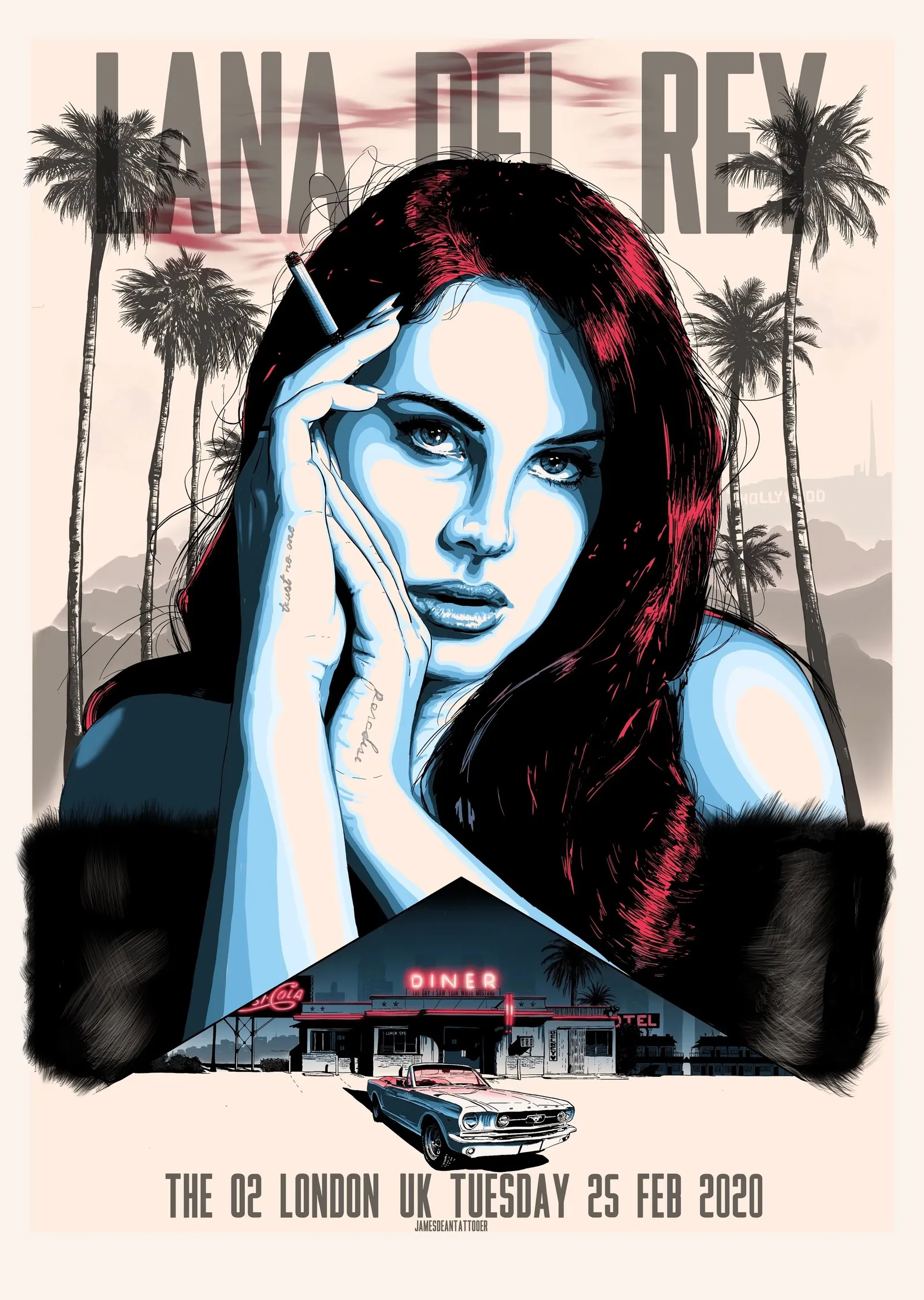 Lana Del Rey - Turuncu, Mavi, Kırmızı ve Siyah Palmiye metal tablo