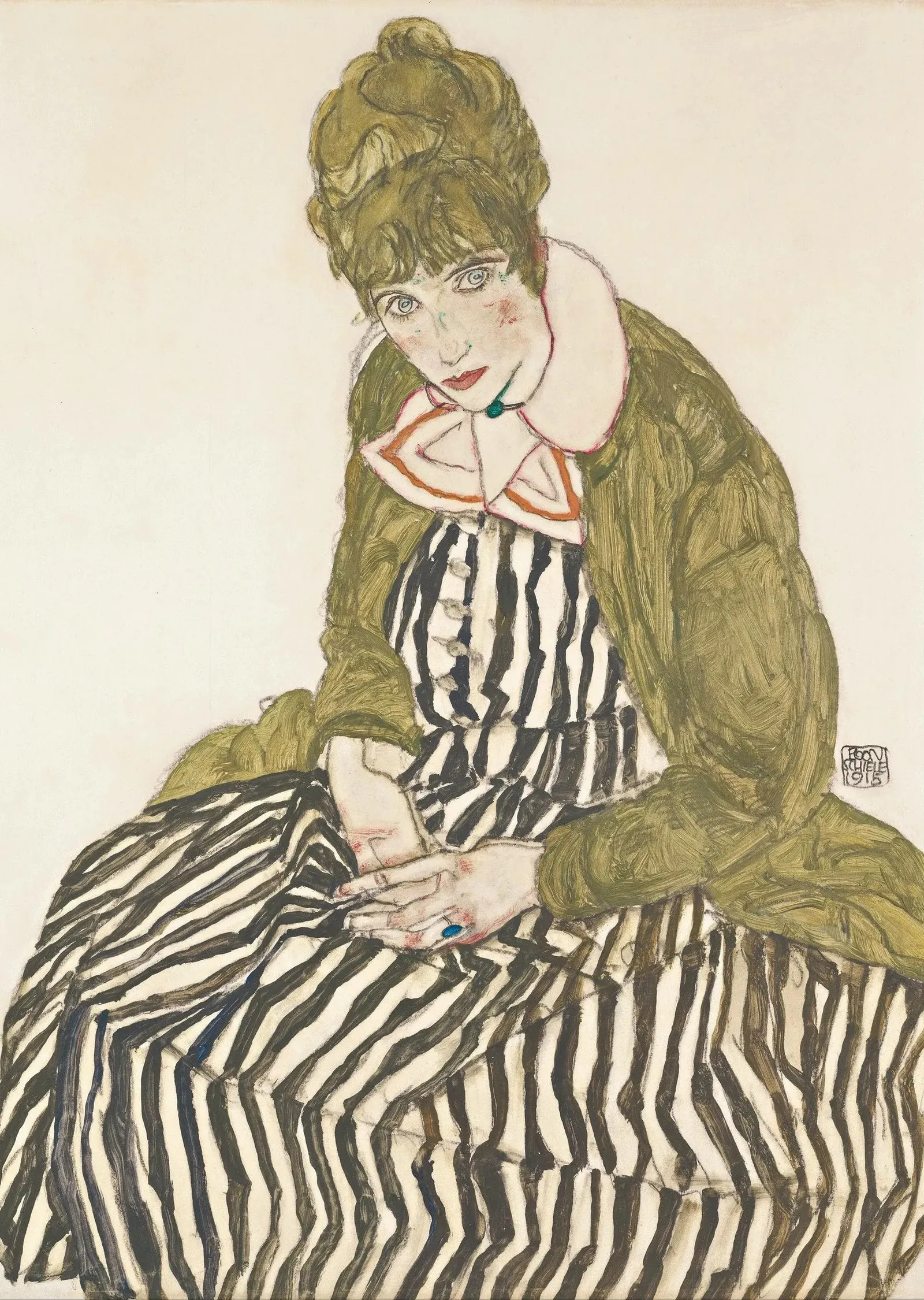 Şeritli Elbiseli Edith Schiele Portresi metal tablo