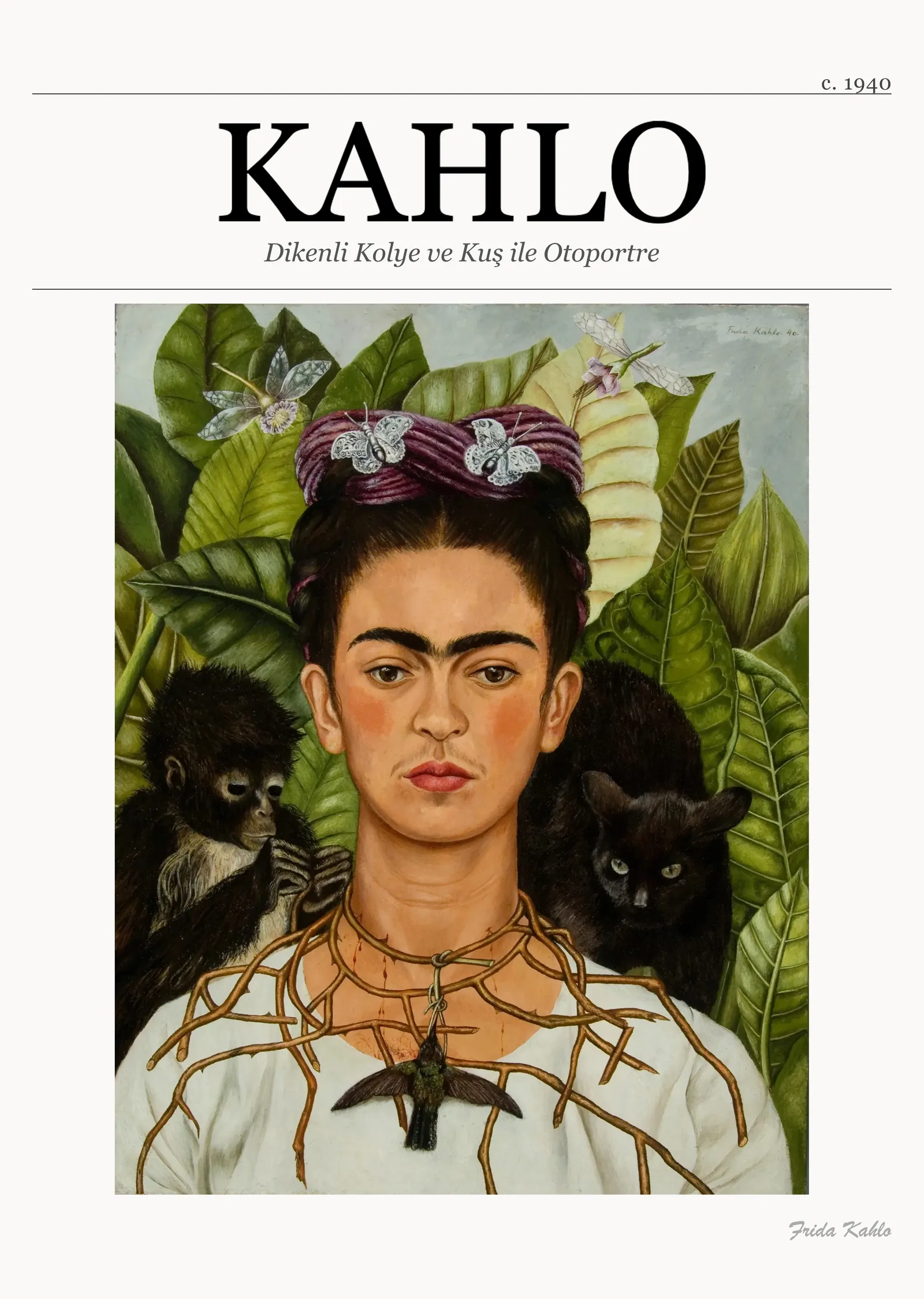 Dikenli Kolye ve Kuş ile Otoportre - Frida Kahlo metal tablo