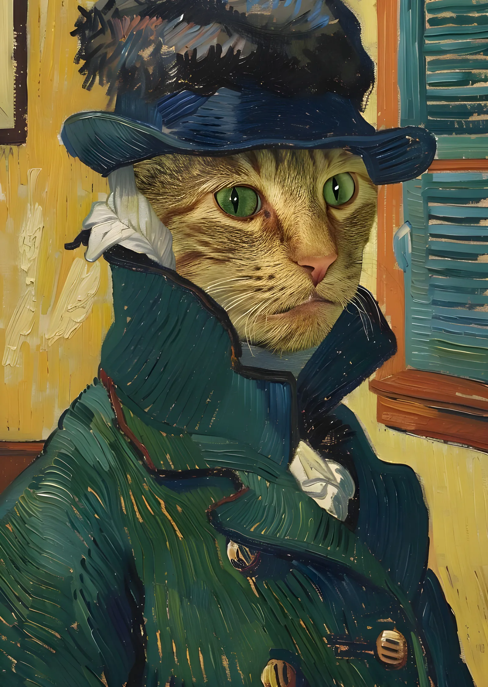 Şapkalı Kedi Portresi (Van Gogh Tarzı) metal tablo