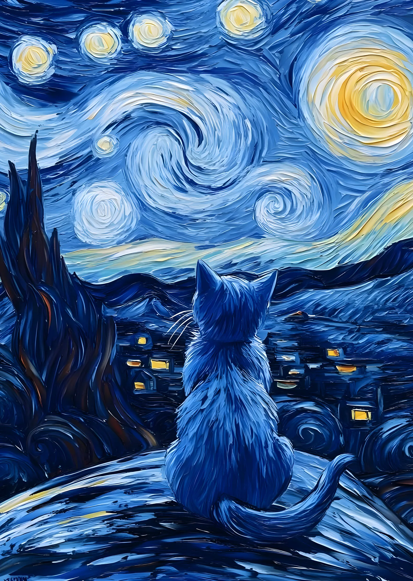 Yıldızlı Gecede Mavi Kedi (Van Gogh Tarzı) metal tablo