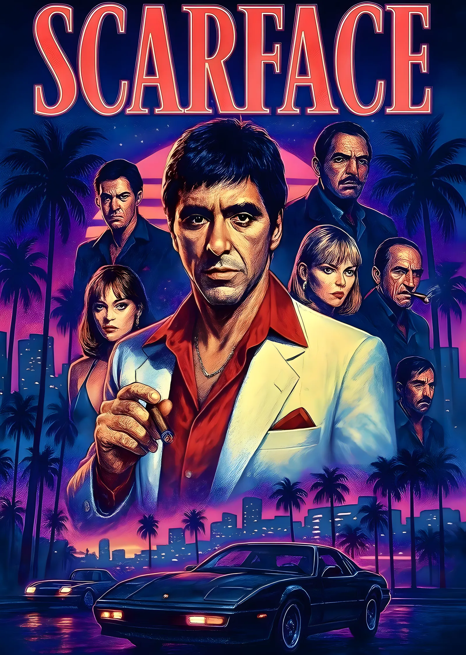 Scarface - Turuncu ve Mavi Neon Işıklarında Miami Şehir metal tablo