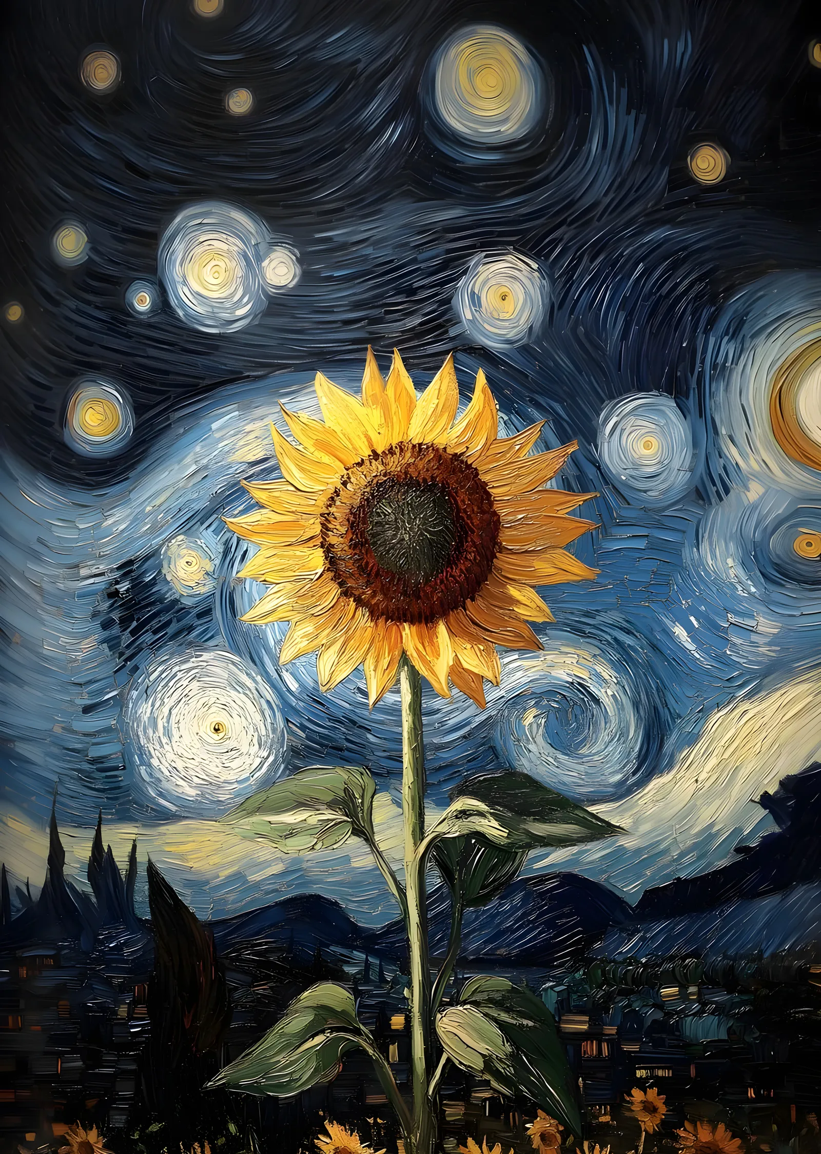Ayçiçeği ve Yıldızlar: Van Gogh Esintisi metal tablo