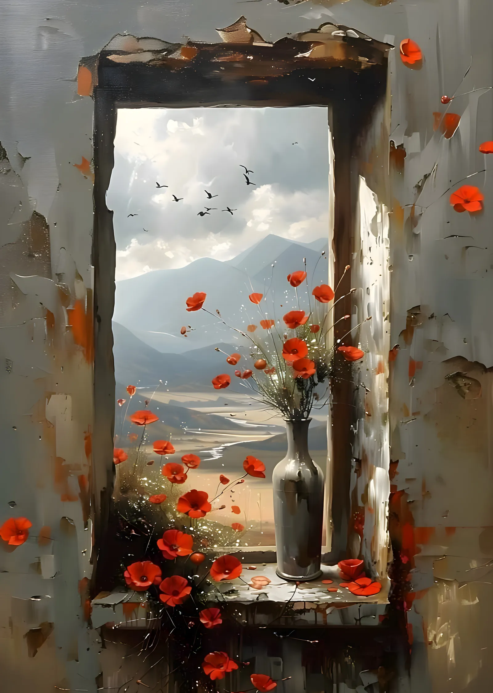 Poppy Window: Manzara ve Çiçekler metal tablo