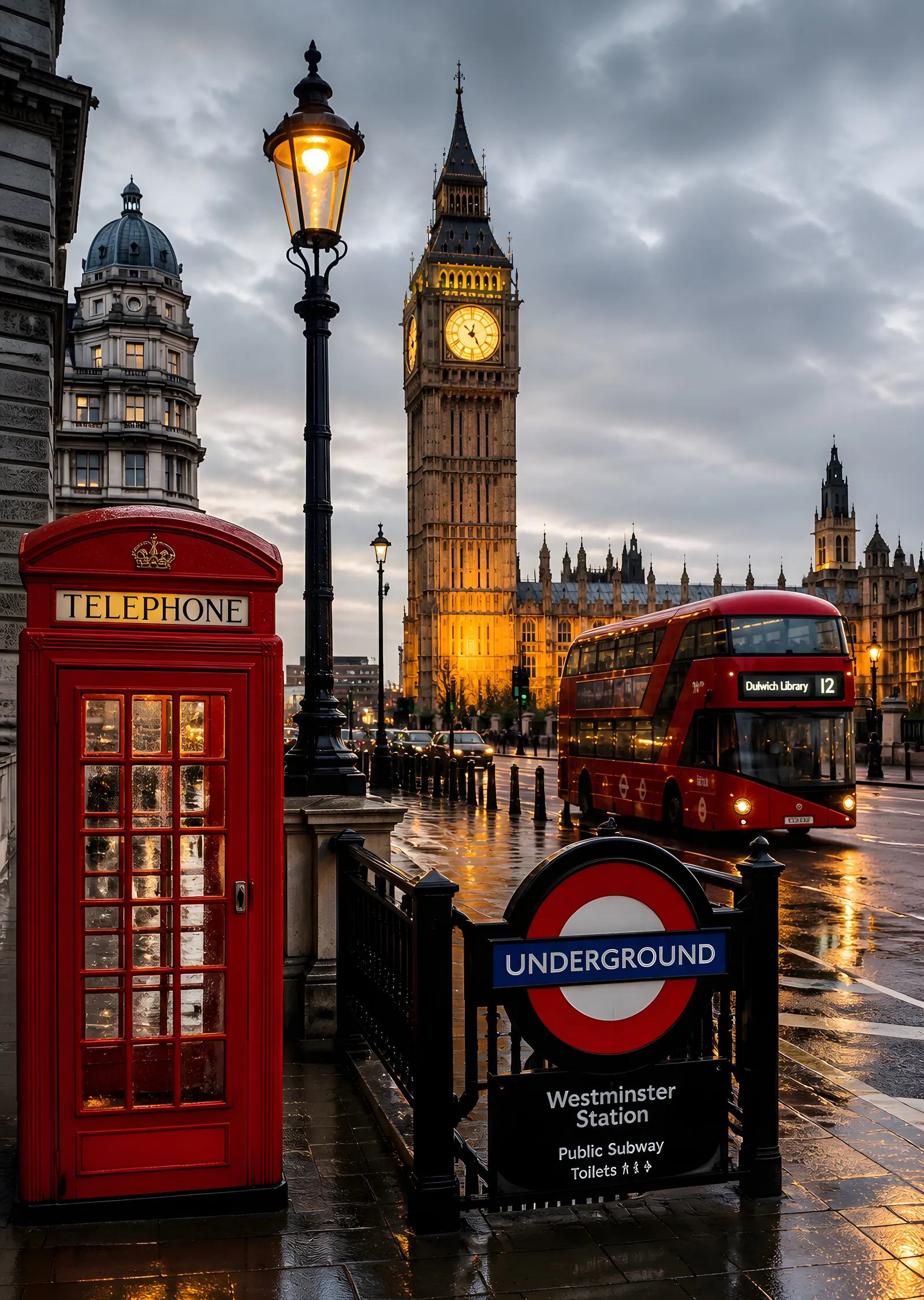 Big Ben ve Klasik Londra Otobüsü metal tablo