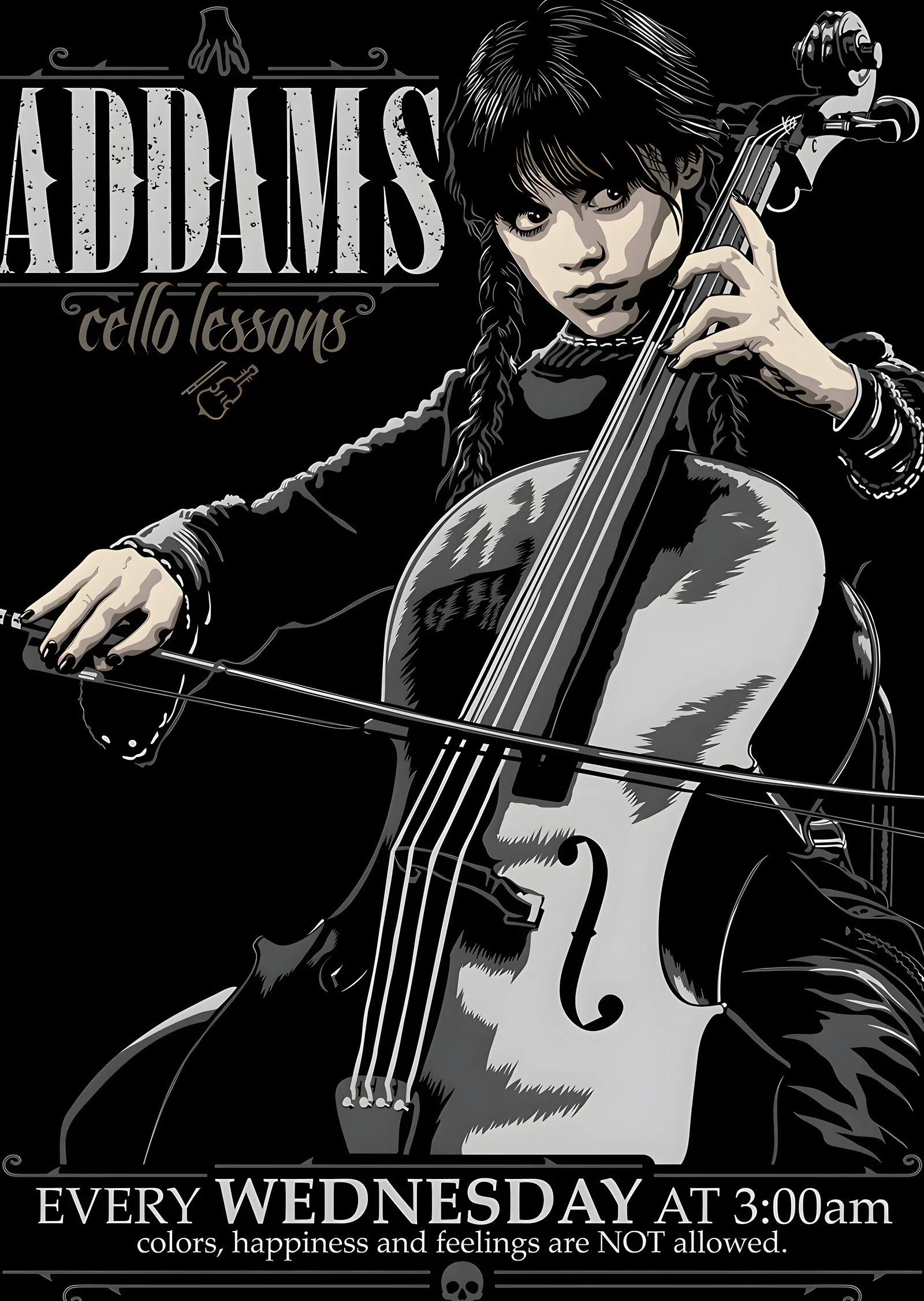Addams Cello Lessons metal tablo