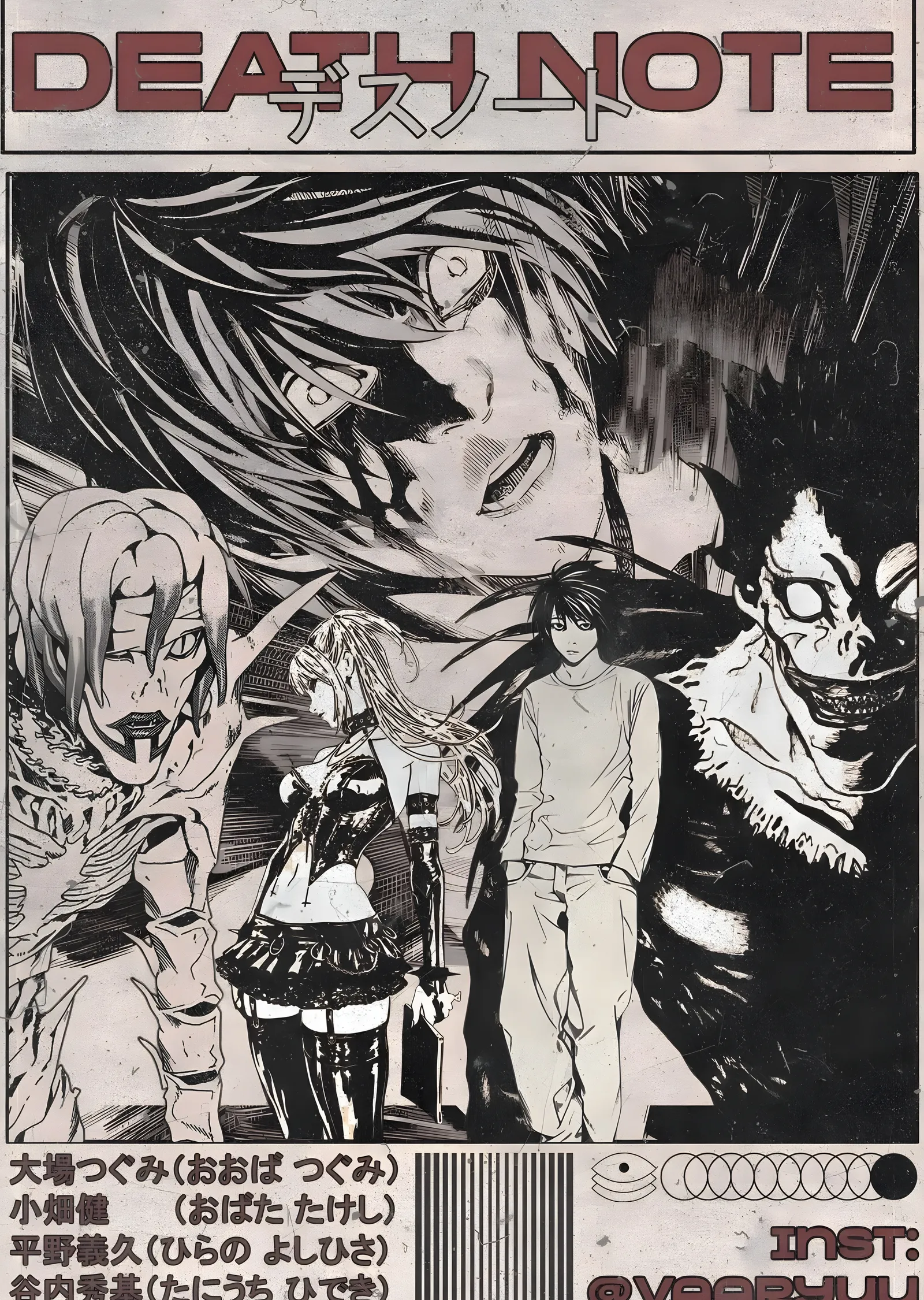 Death Note - Siyah Beyaz Manga Karakterleri metal tablo