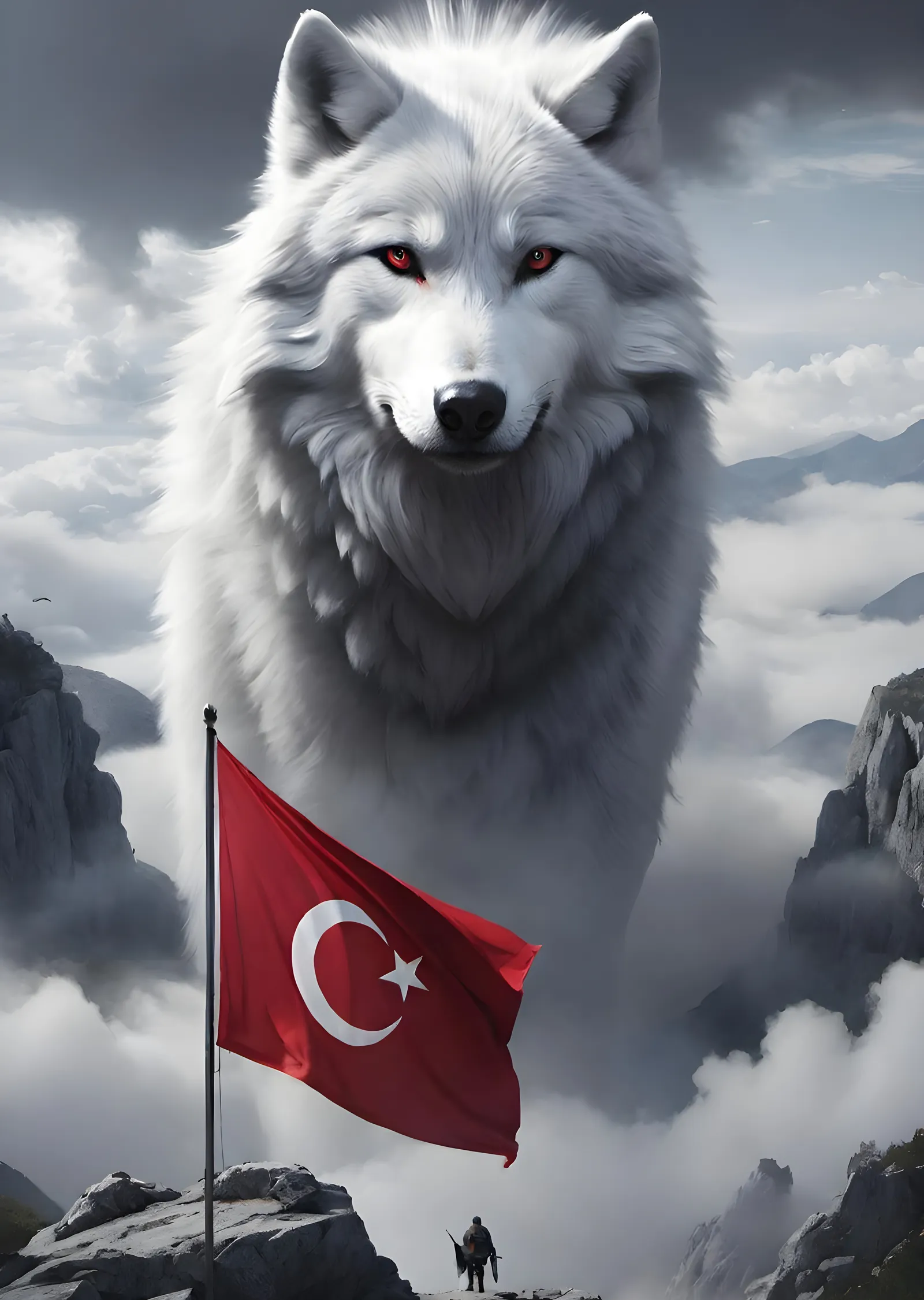 Beyaz Kurt ve Türk Bayrağı metal tablo