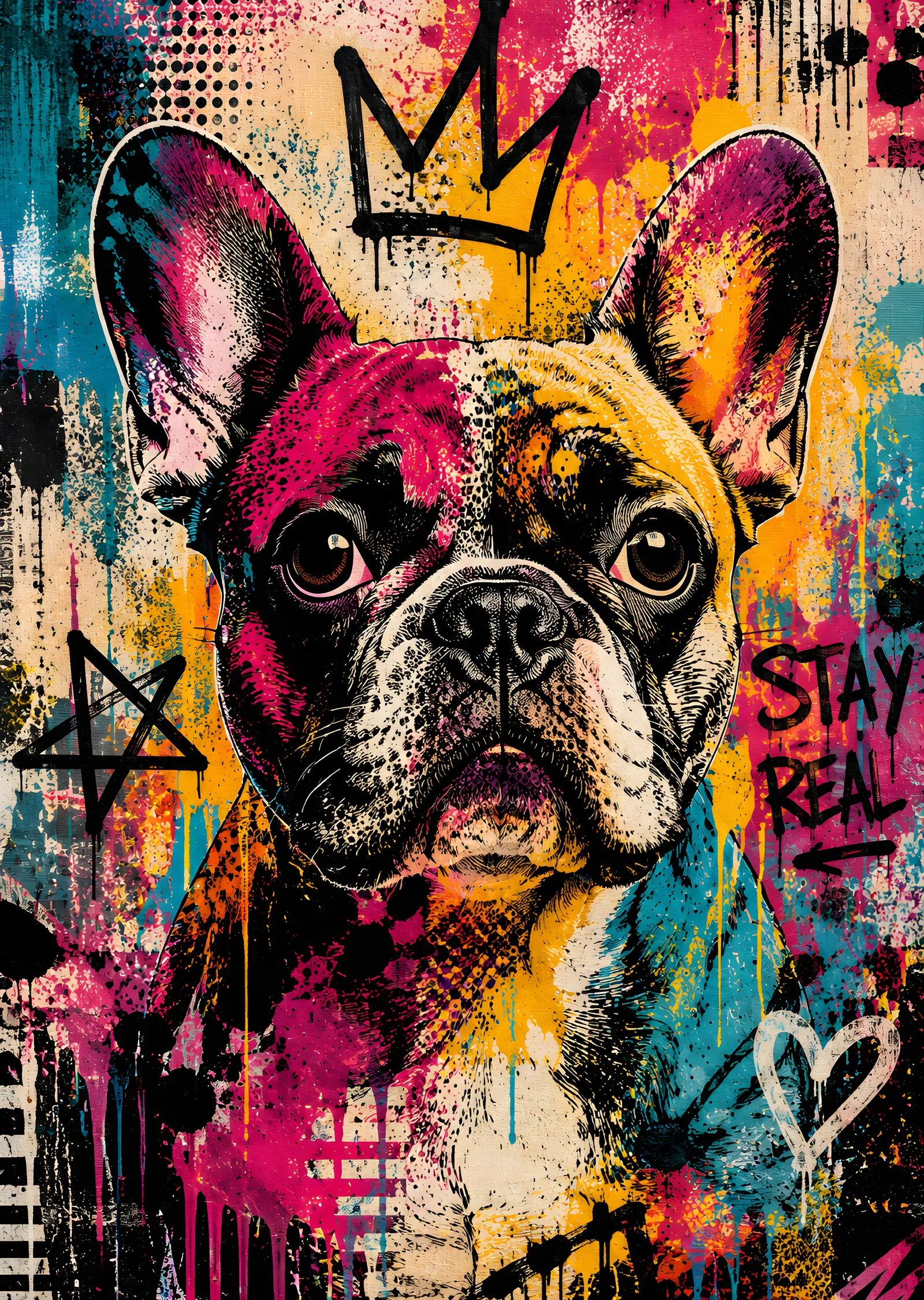 Taçlı French Bulldog metal tablo