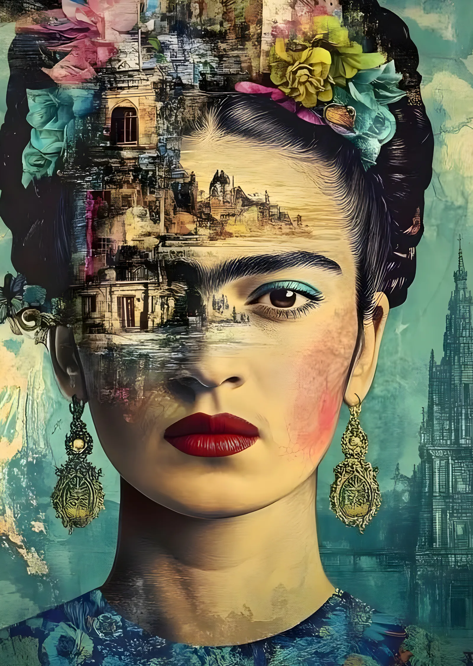 Frida Kahlo: Şehir Kolajı metal tablo