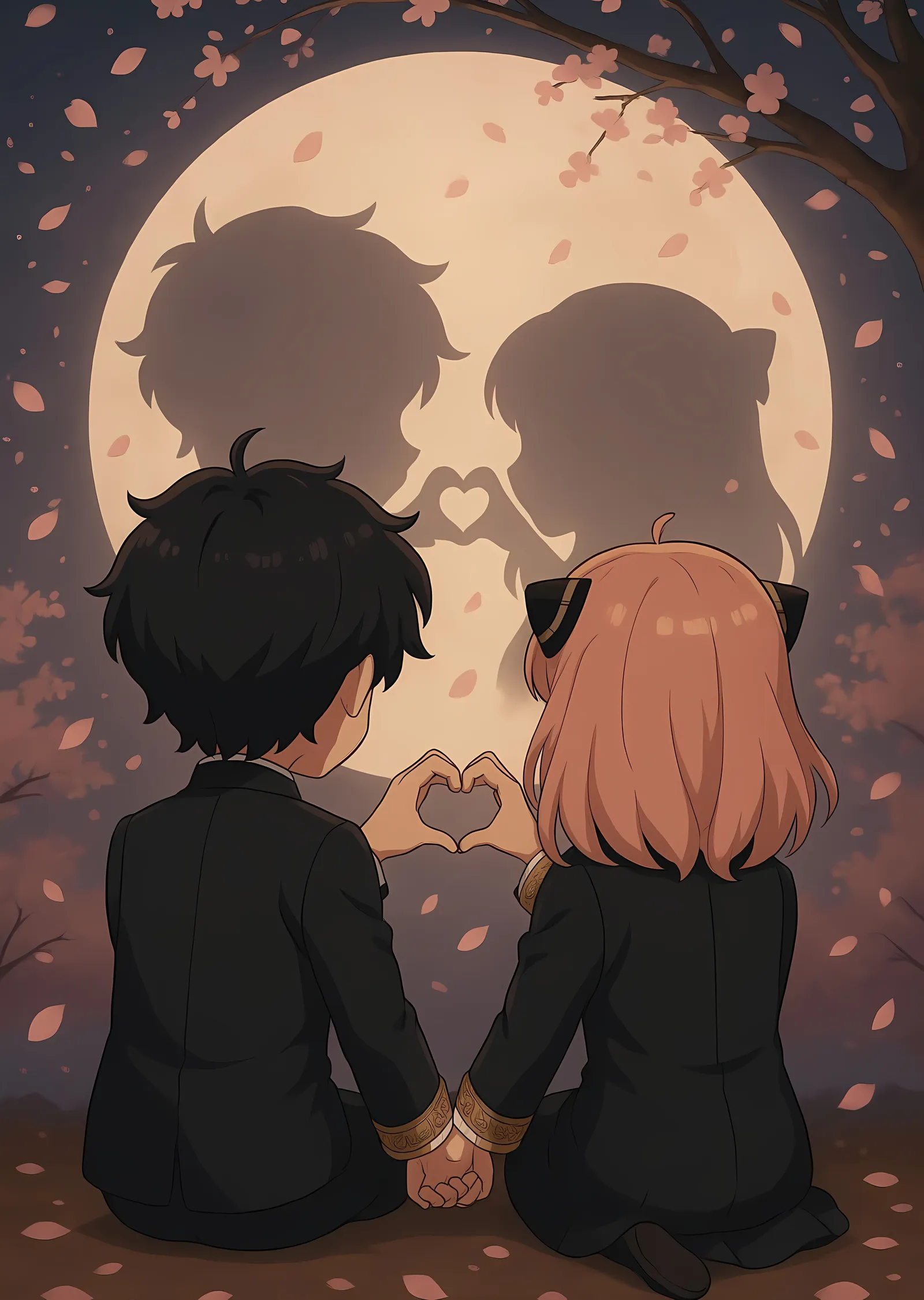 Dolunay Altında Kalp Yapan Anime Çift metal tablo