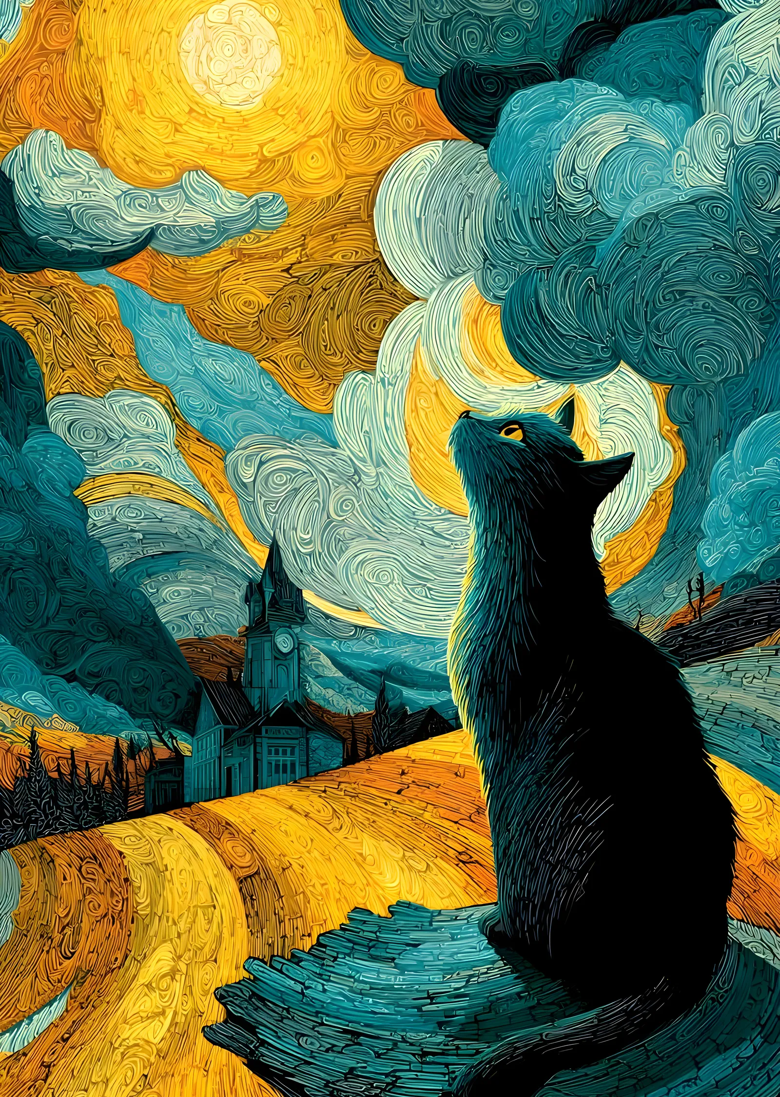 Tepede Kedi: Gece Gökyüzü metal tablo