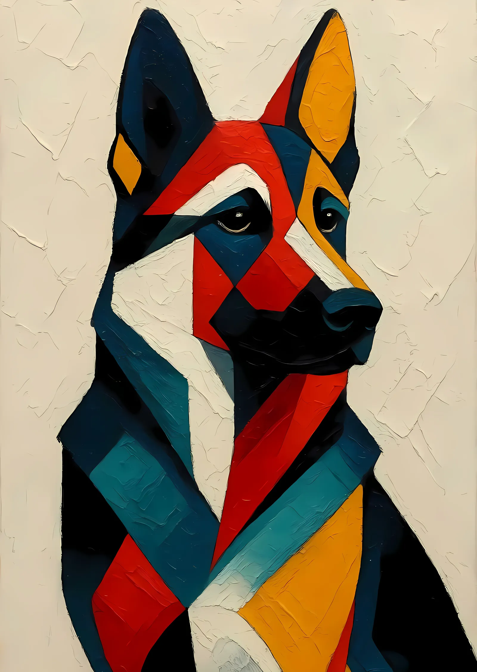 Siyah, Kırmızı, Sarı ve Mavi Geometrik Köpek Portresi metal tablo