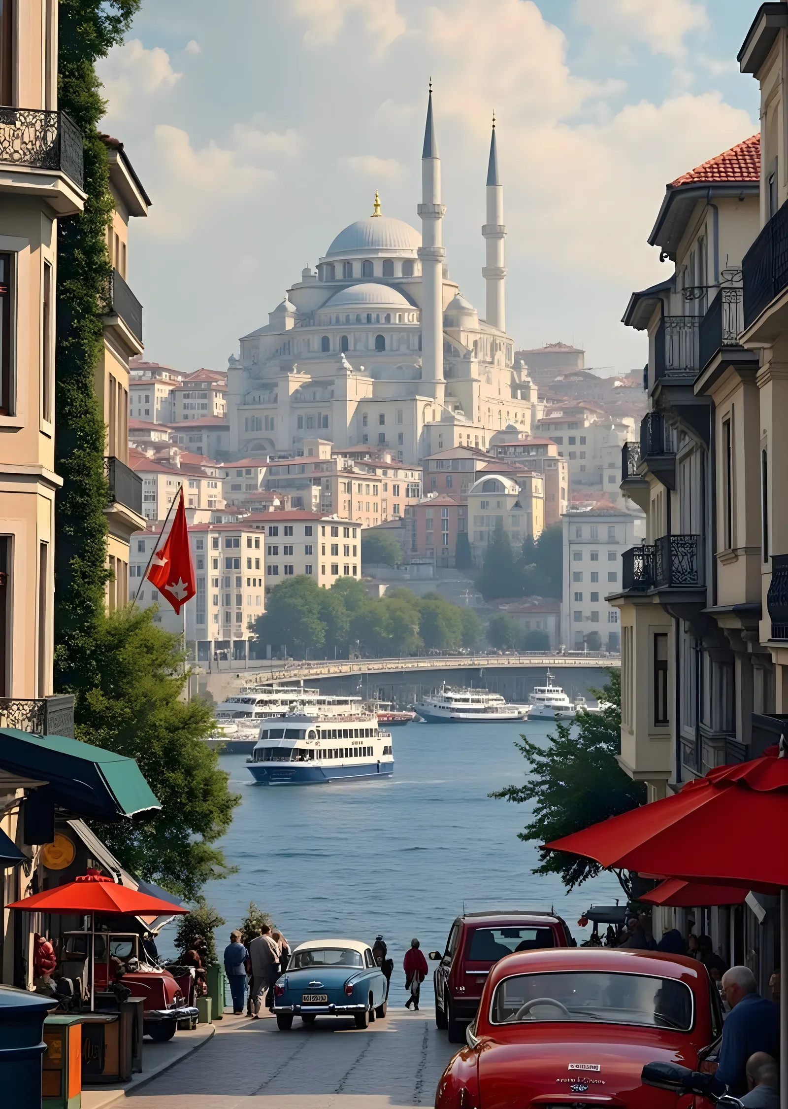 İstanbul Boğazı Manzarası - Beyaz Cami ve Kıyıda Araçlar metal tablo