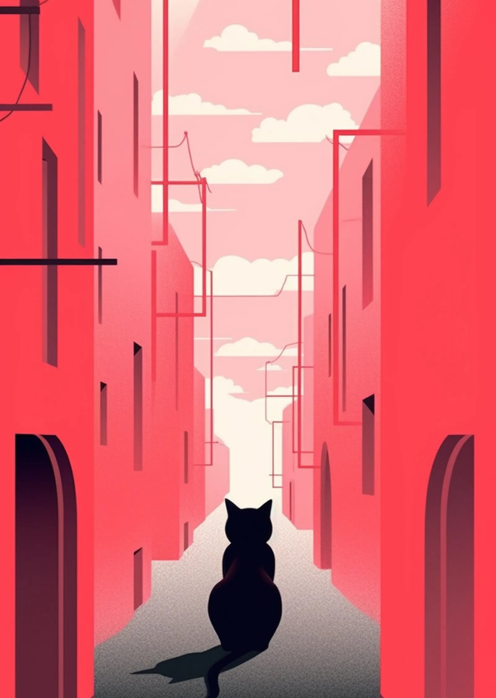 Kedi ve Şehir: Minimalist Sokak Manzarası metal tablo