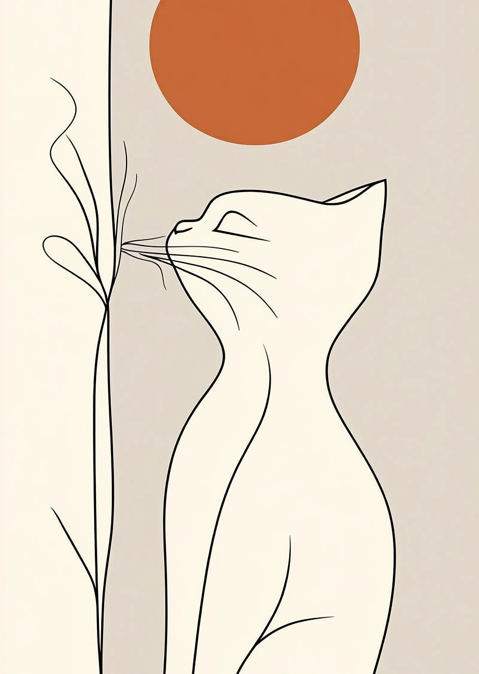 Minimalist Kedi ve Güneş İllüstrasyonu metal tablo