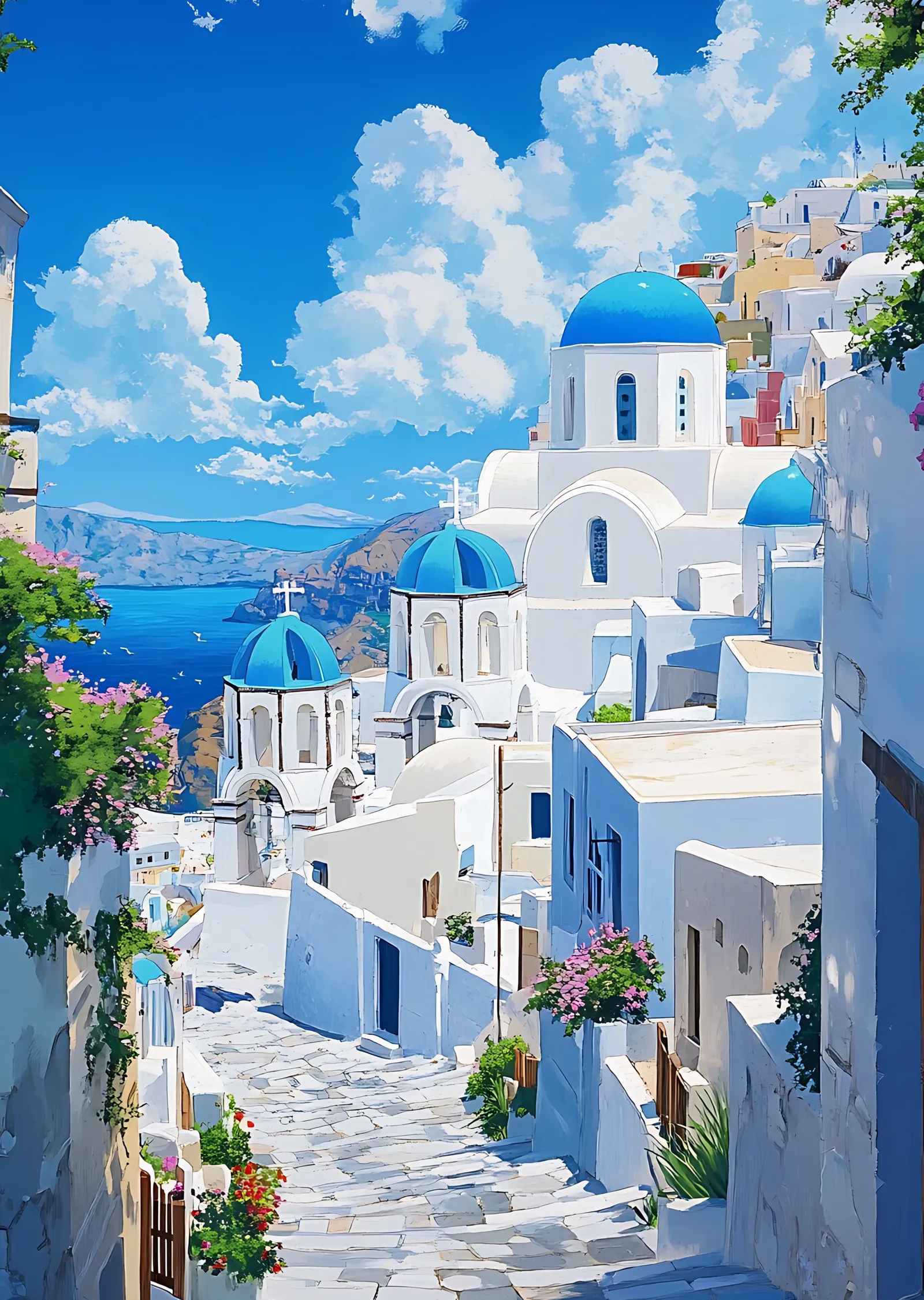 Santorini Sokağı ve Mavi Kubbeler metal tablo