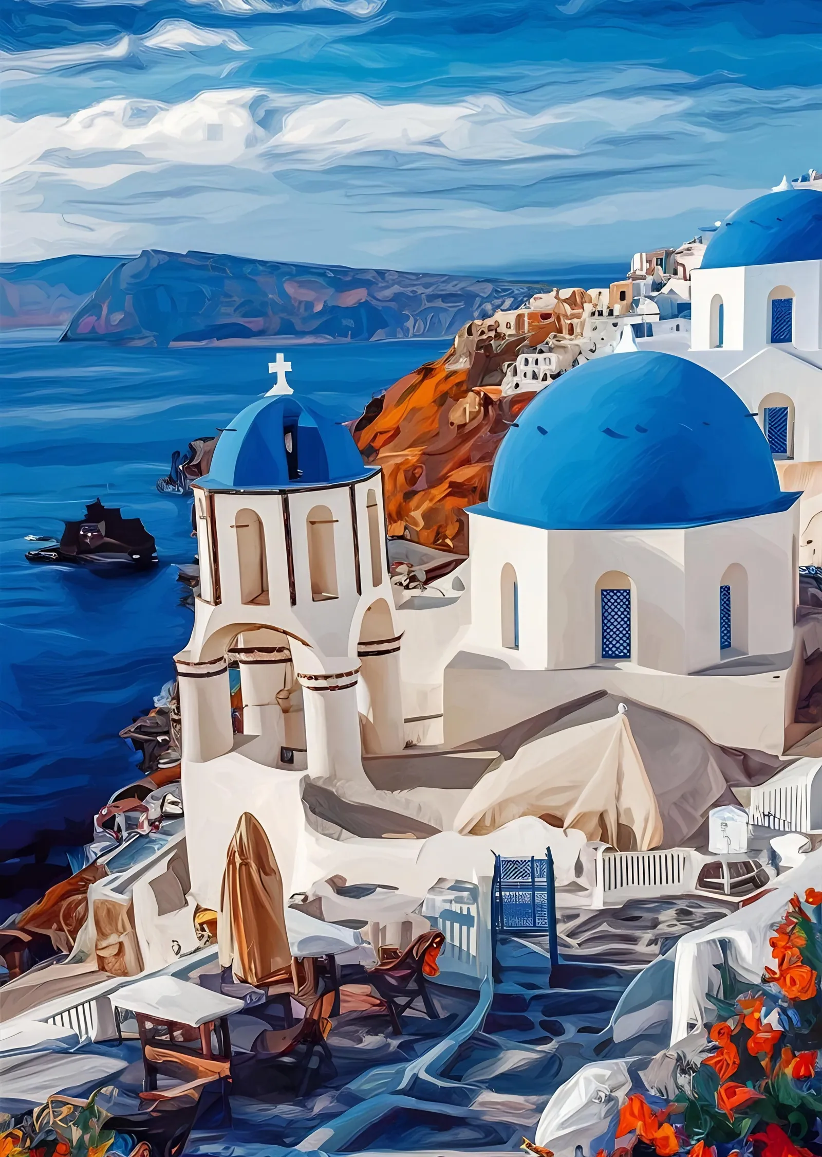 Mavi Kubbeli Beyaz Binalar Santorini metal tablo