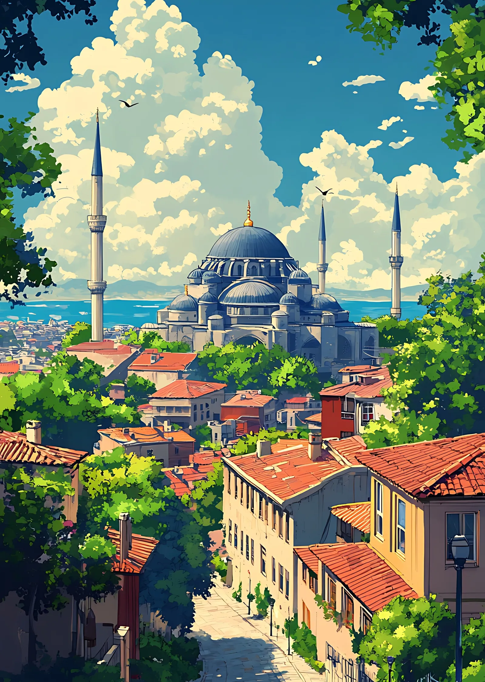 İstanbul Manzarası: Osmanlı Mimarisi - Lacivert ve Turuncu metal tablo
