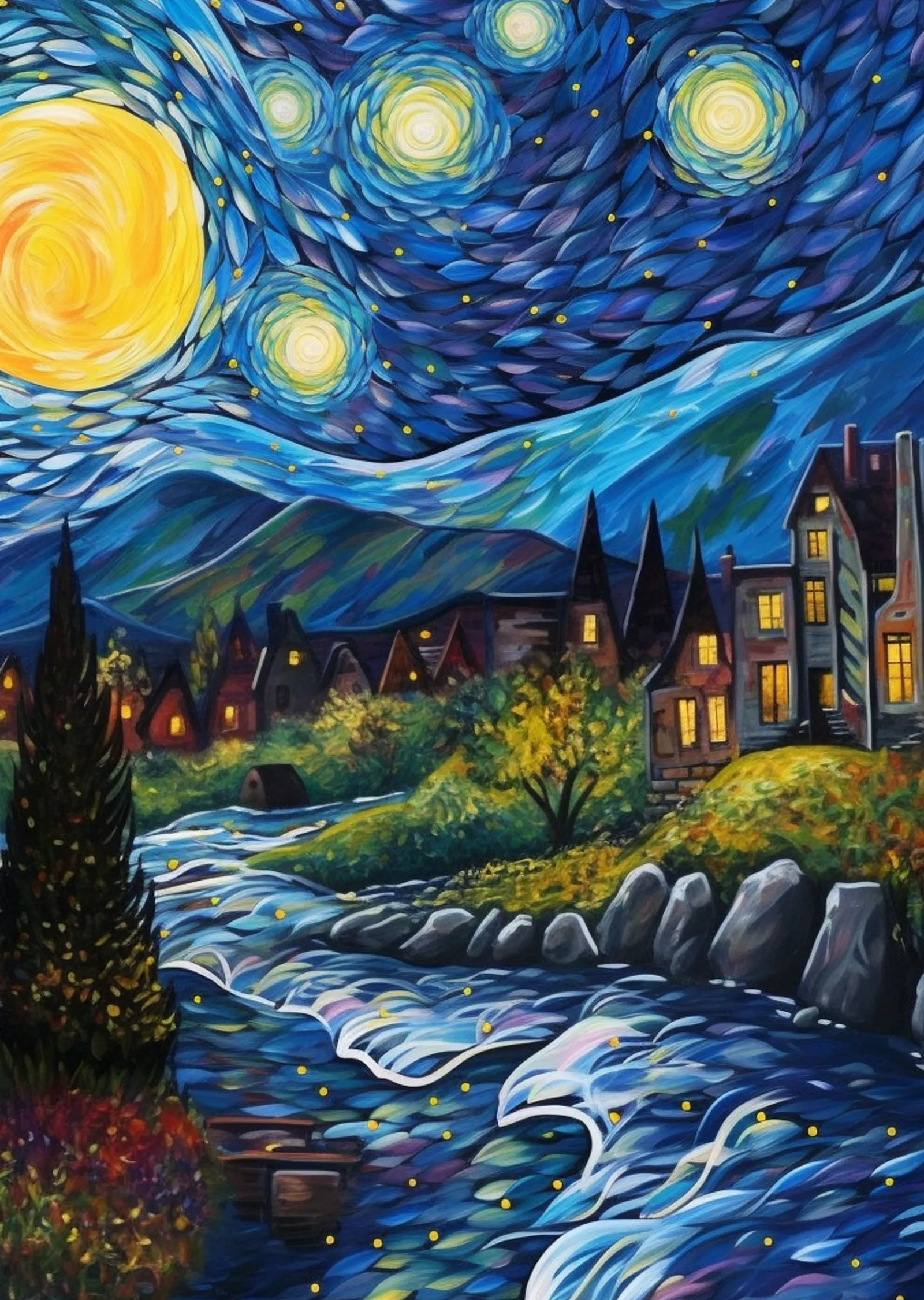 Van Gogh Yıldızlı Gece - Akarsulu Manzara metal tablo