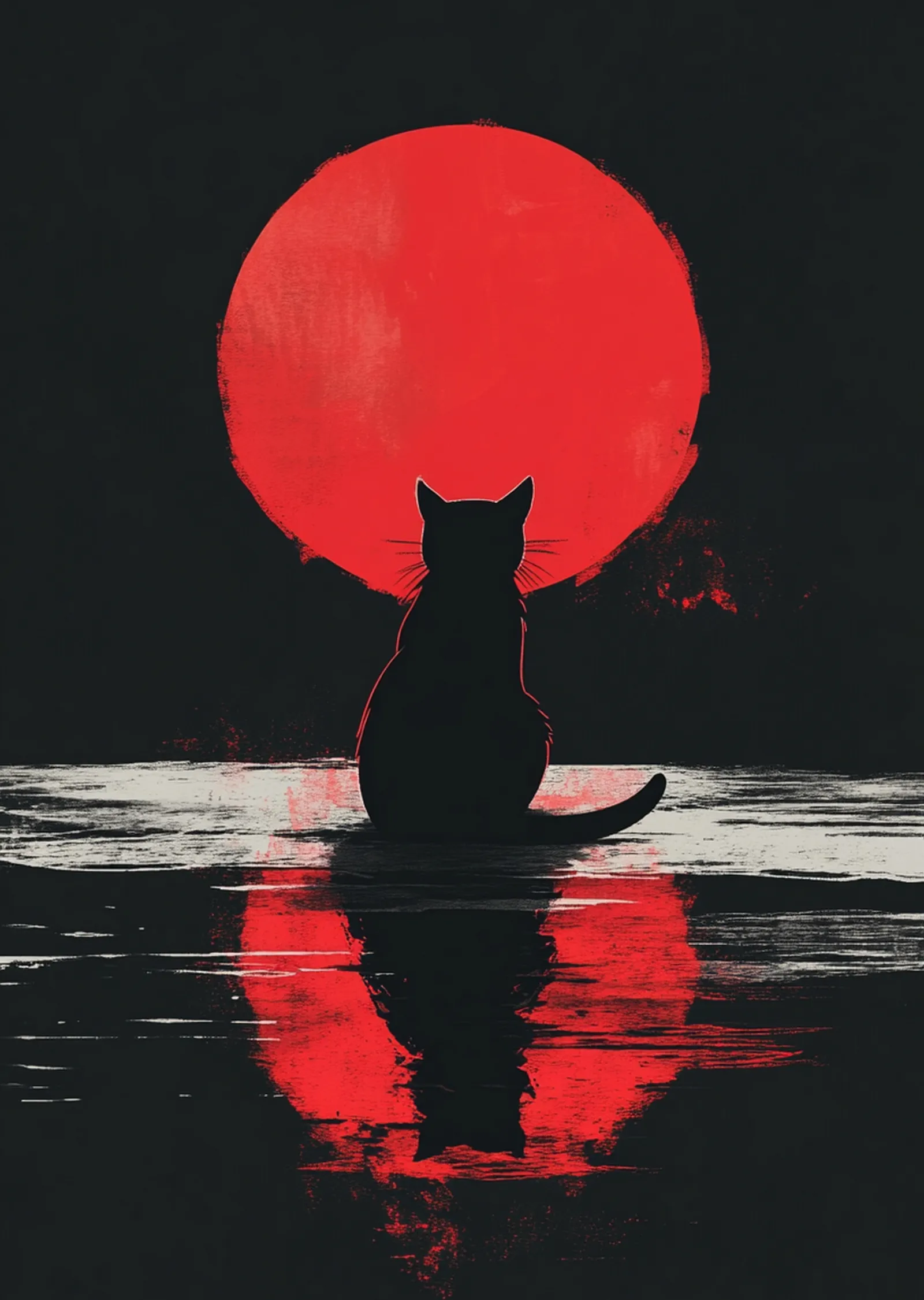 Kedi ve Kırmızı Güneş: Minimalist Sanat metal tablo