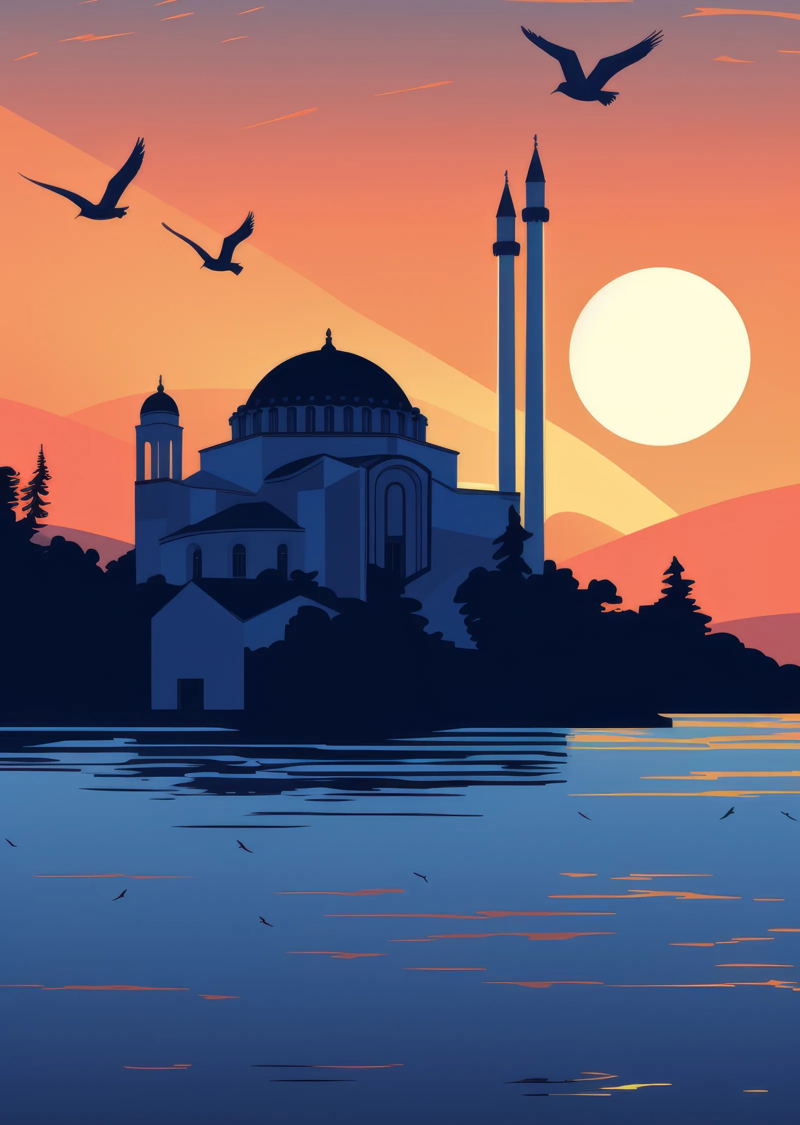 Gün Batımında Su Kenarındaki Camii Silüeti metal tablo