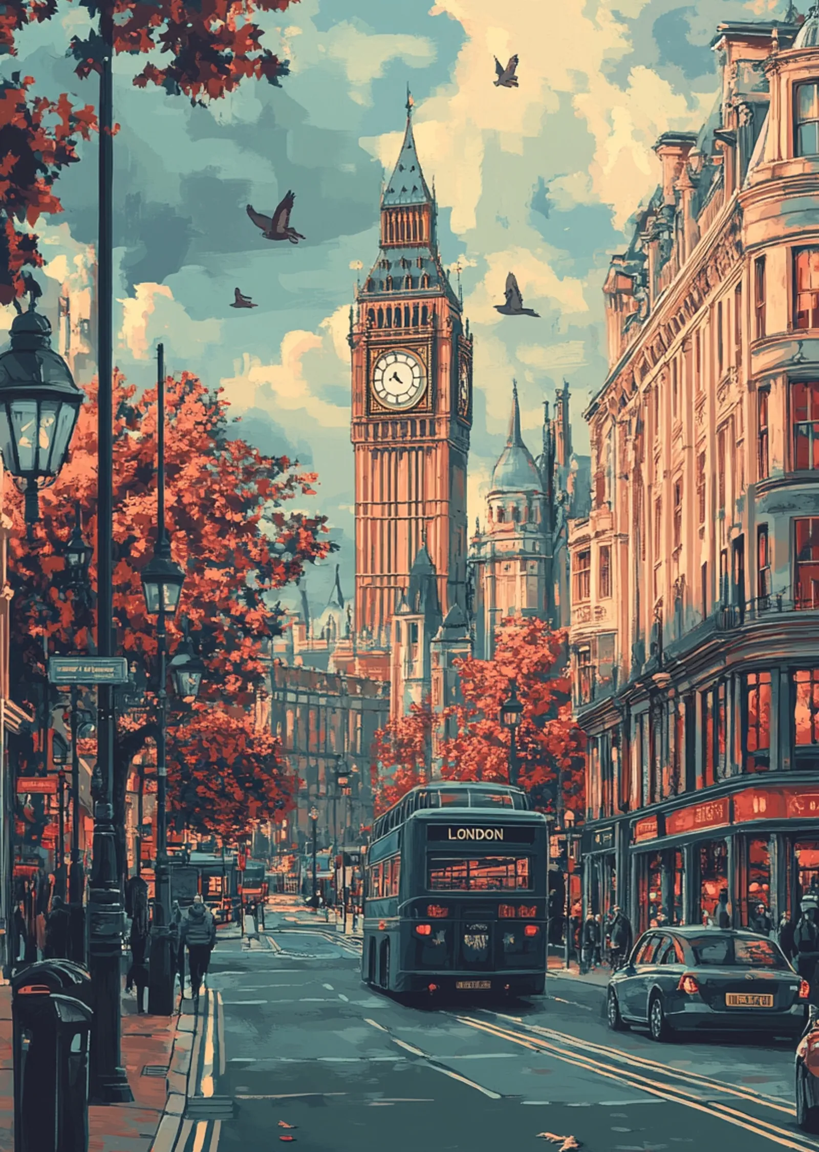 Kırmızı Yapraklar ve Bulutlu Gökyüzü Altında Big Ben Londra metal tablo