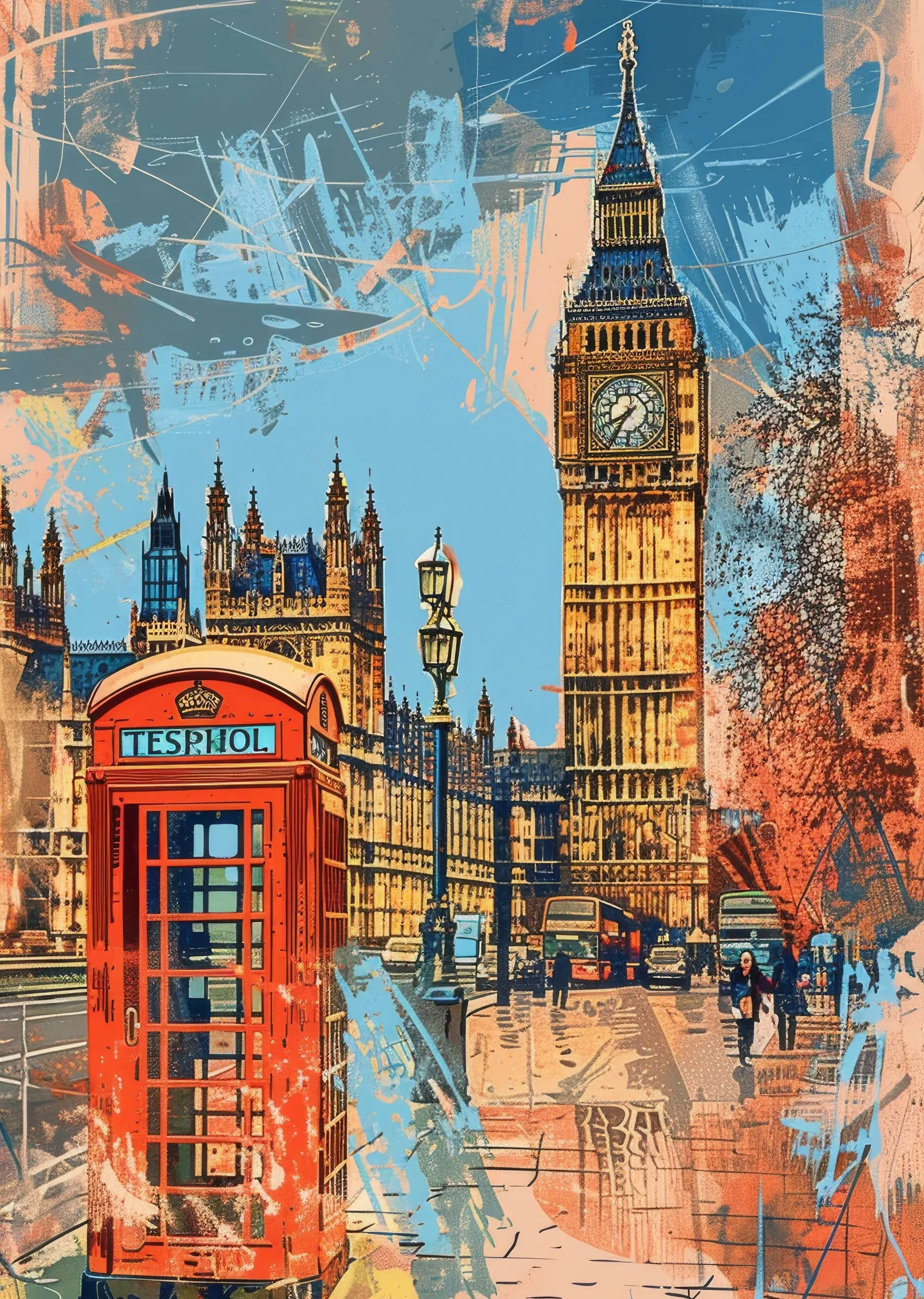 Mavi Efektli Big Ben ve Kırmızı Telefon Kulübesi metal tablo