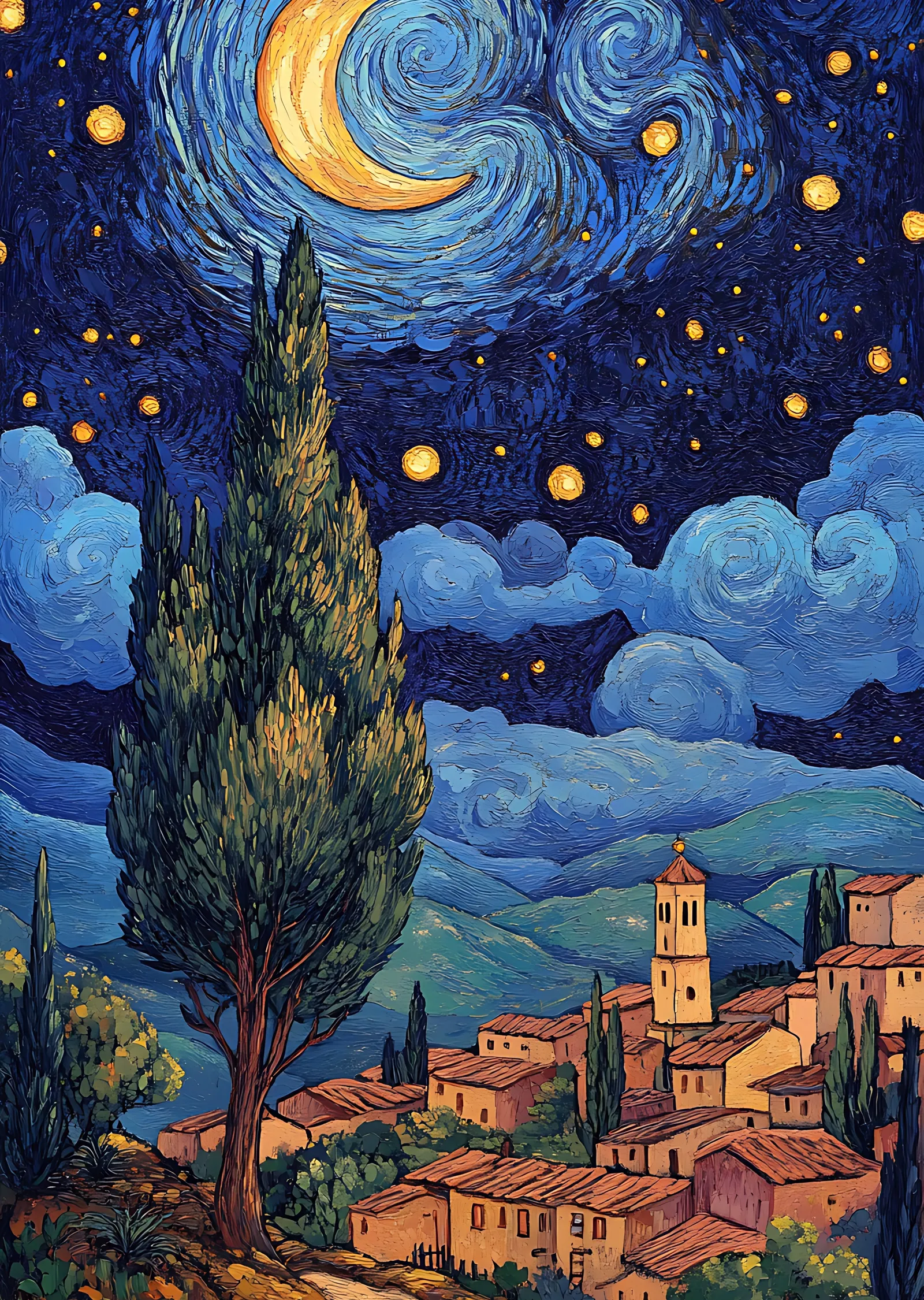 Vincent van Gogh - Yıldızlı Gece: Turuncu ve Mavi metal tablo