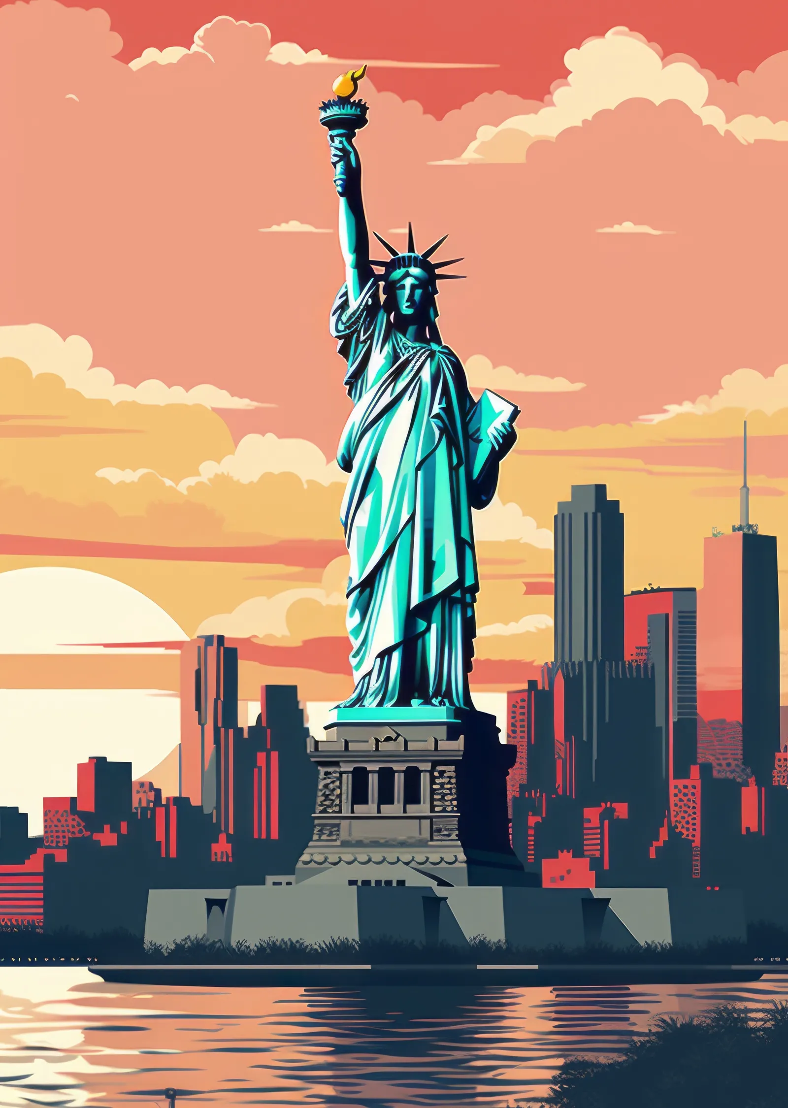 Özgürlük Anıtı ve New York Silüeti metal tablo