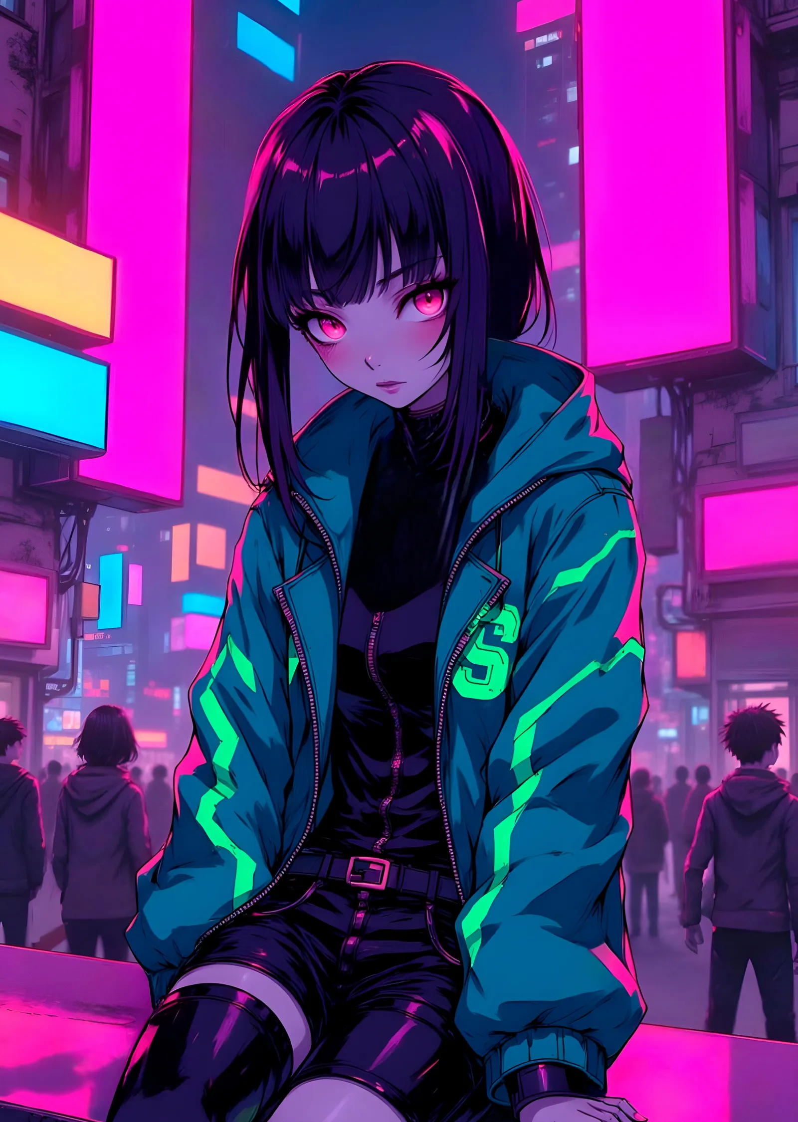 Cyberpunk: Neon Şehirde Bir Genç Kız metal tablo