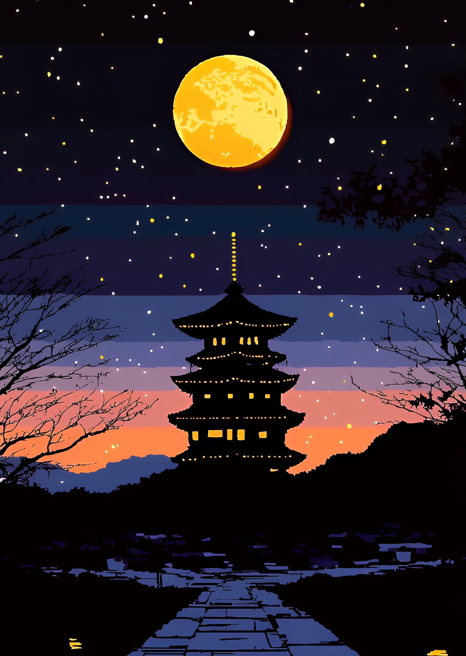 Gece Manzarası: Geleneksel Japon Pagodası metal tablo