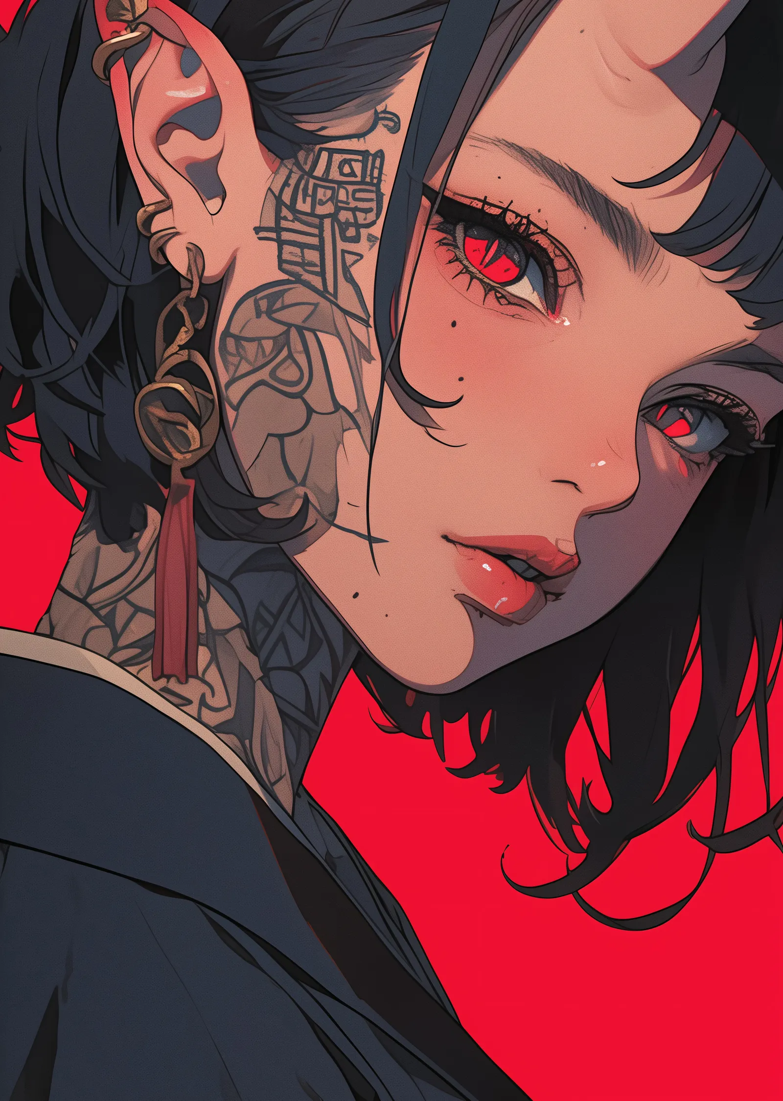 Kara Saçlı Kız - Kırmızı Arka Planlı Tattoo'lu Anime Kız metal tablo