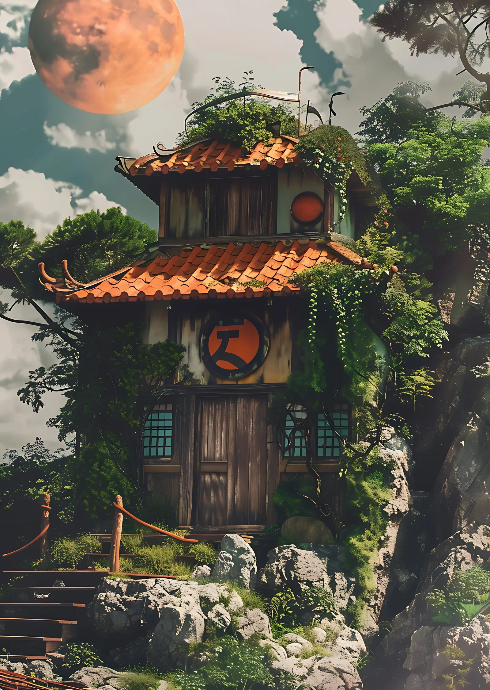 Doğal Ortamda Pagoda Tarzı Ev metal tablo