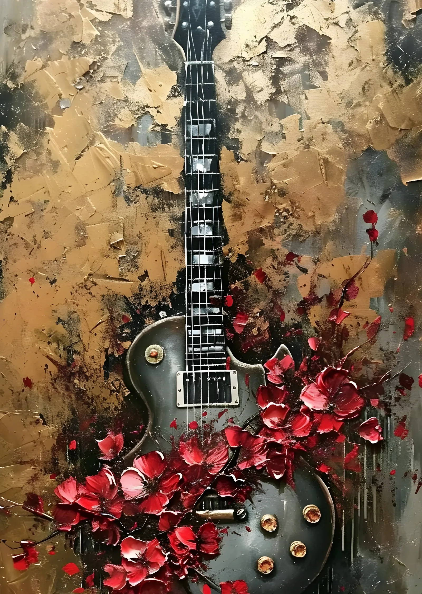 Gitar ve Çiçekler: Müzikal Sanat metal tablo