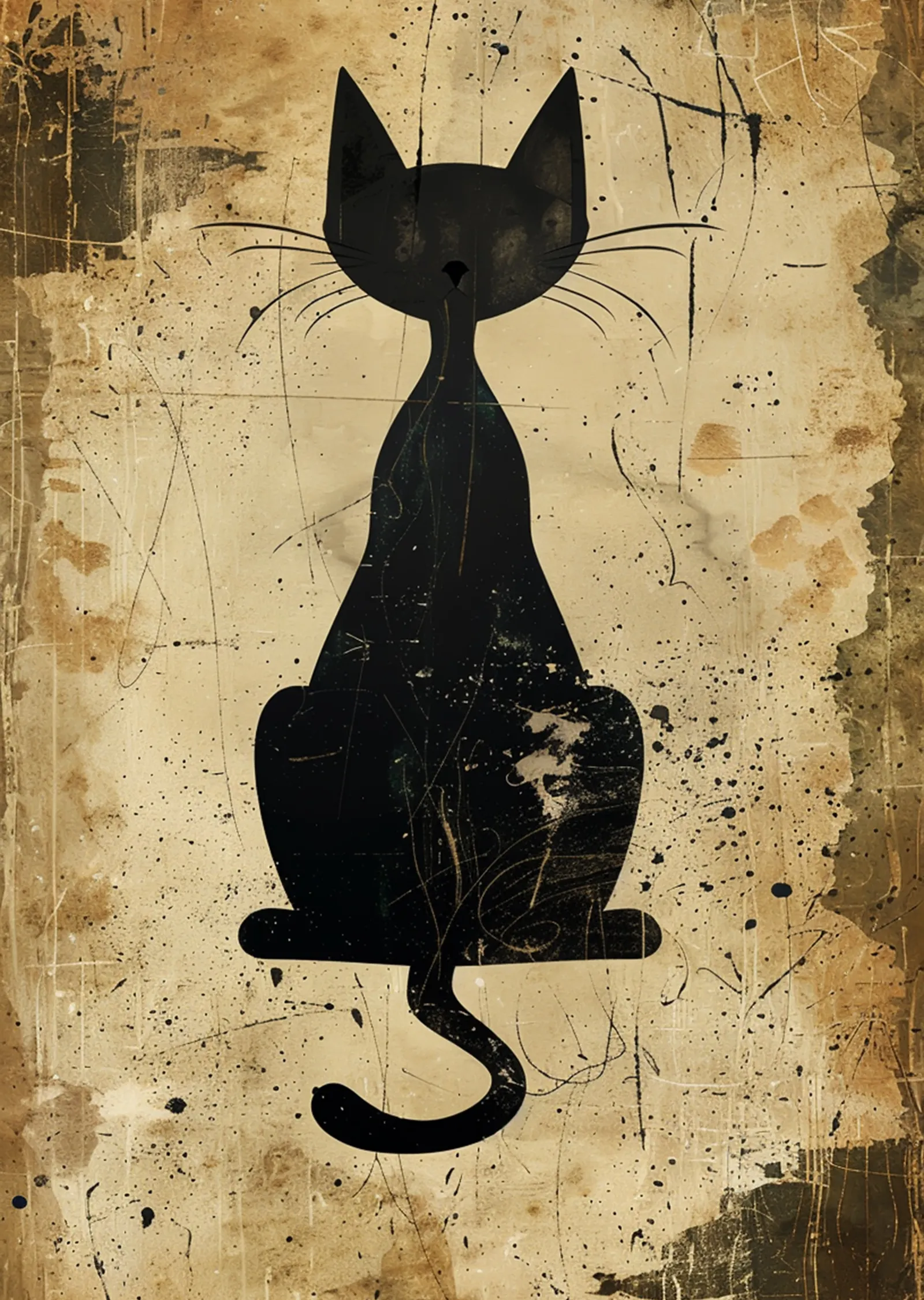 Siyah Kedi Silüeti - Vintage Dokulu Minimalist İllüstrasyon metal tablo