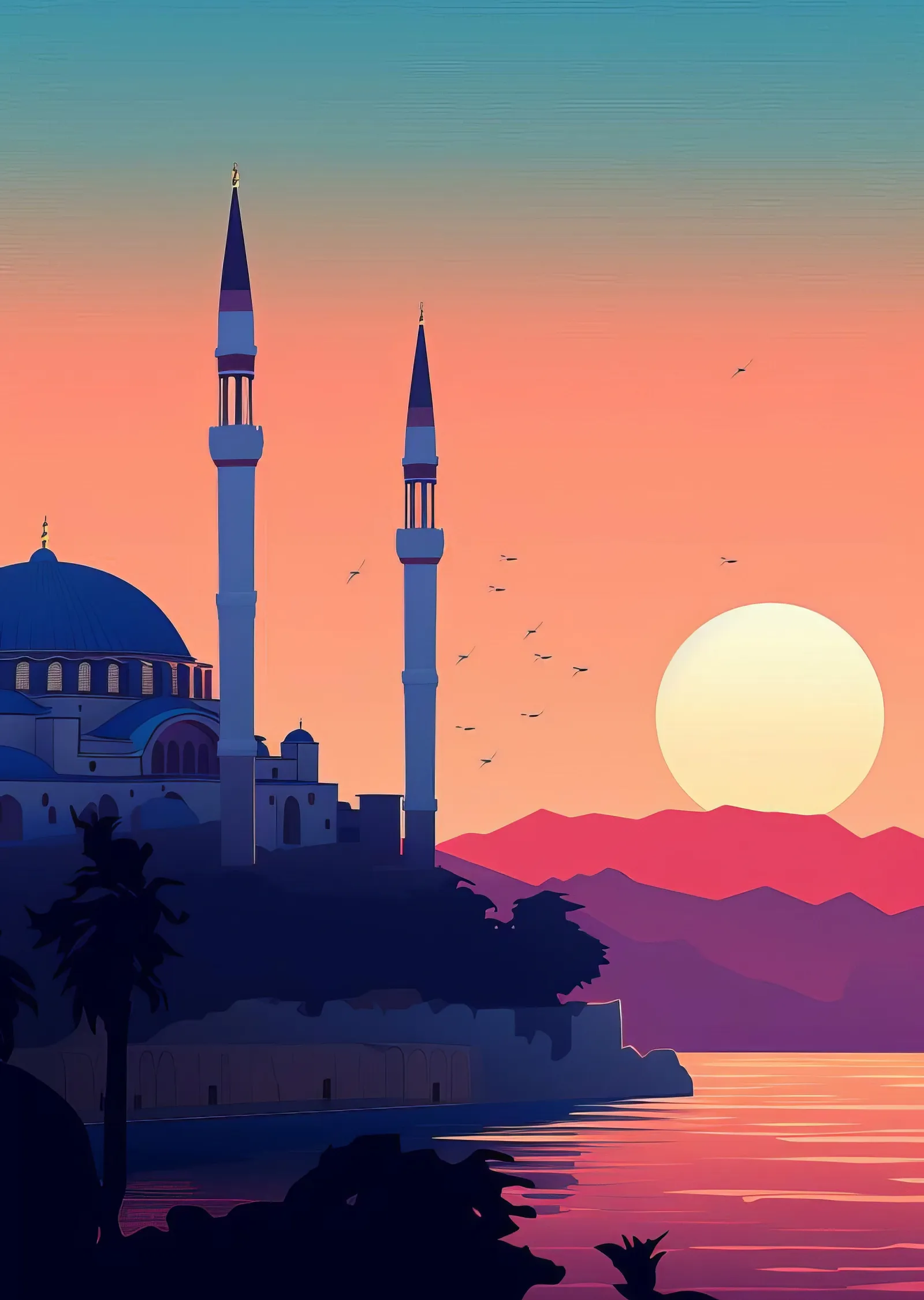 Lacivert Cami ve Turuncu Güneş Batışı metal tablo
