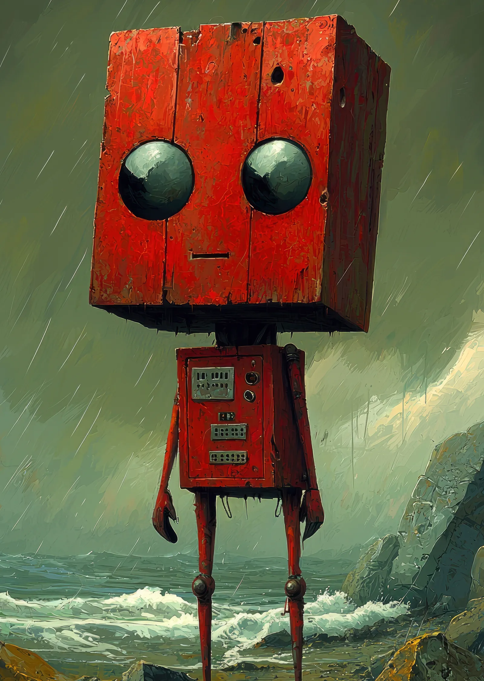 Yağmurlu Kırmızı Robot metal tablo