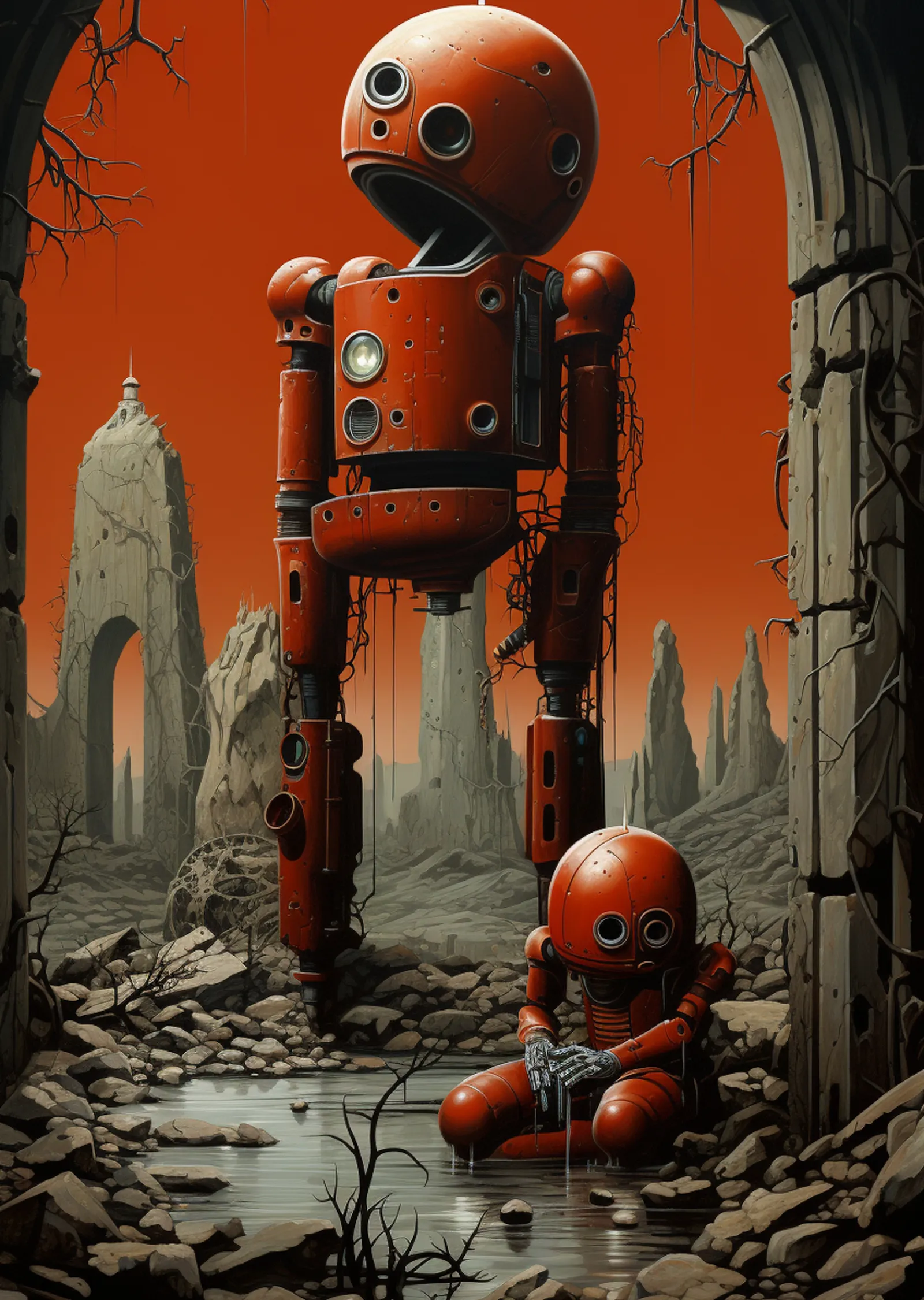 İki Kırmızı Robot ve Harabe metal tablo