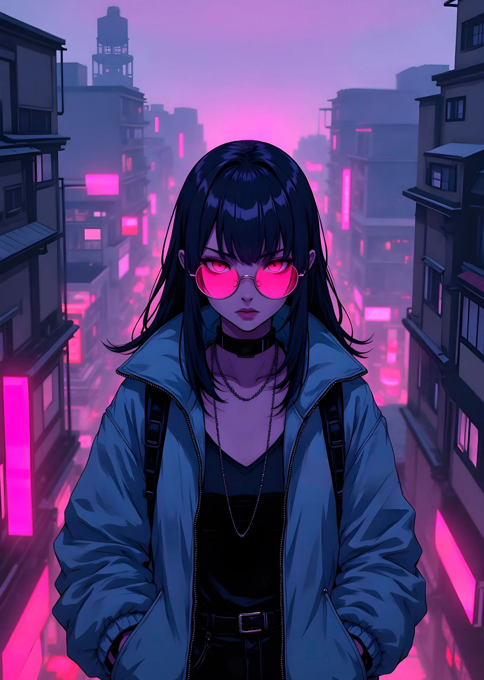 Pembe Neonlu Kız - Cyberpunk Şehir metal tablo